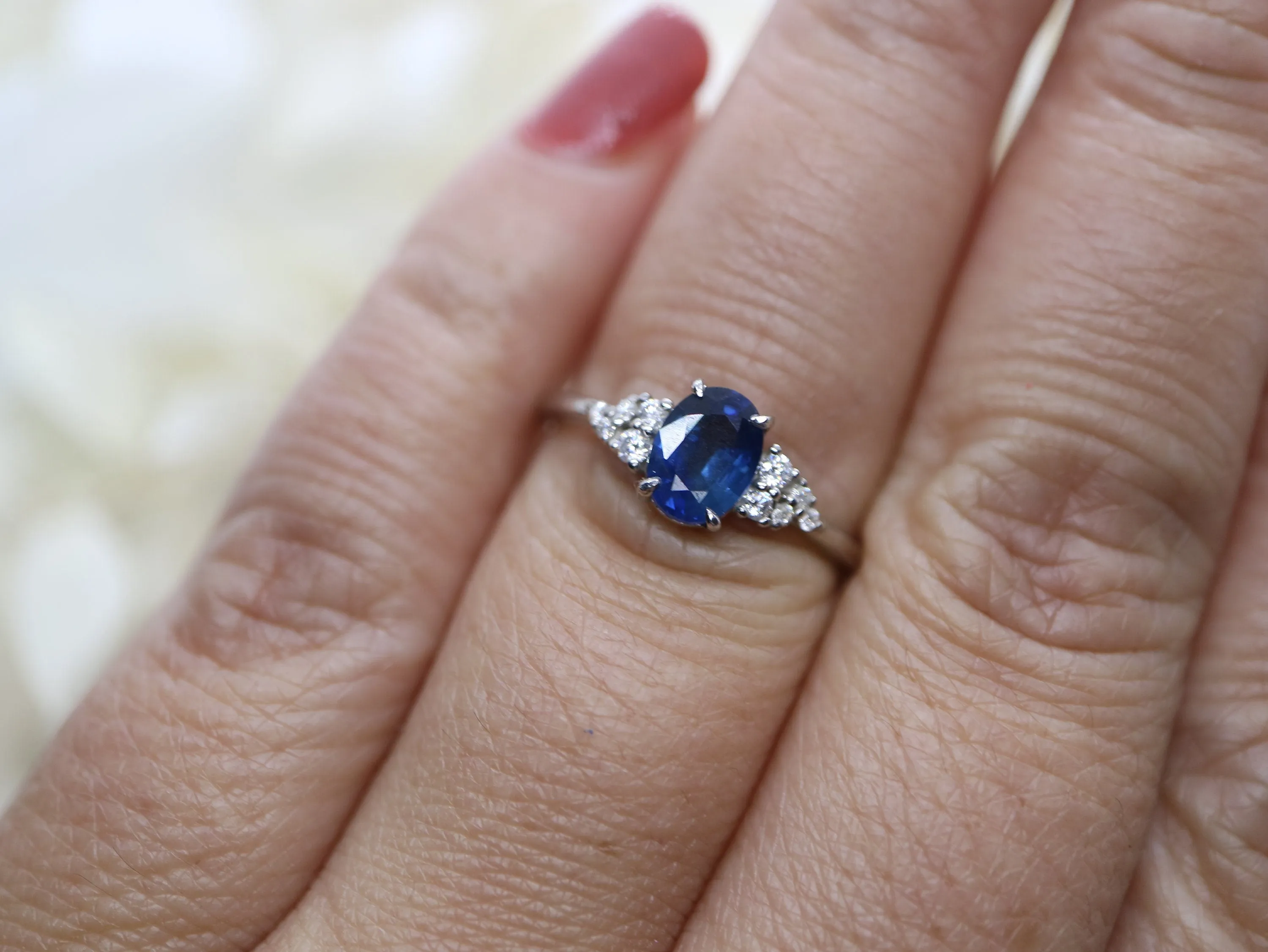 14k white gold natural sapphire and diamond ring, Sapphire cluster diamond ring