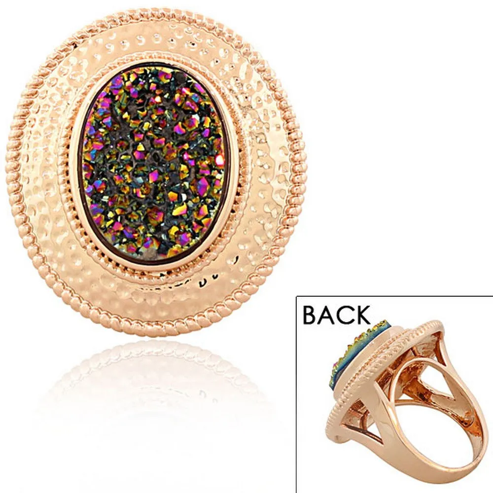 18K Rose Gold Plated Bronze Drusy Quartz Glitter Large Cocktail Statement Ring