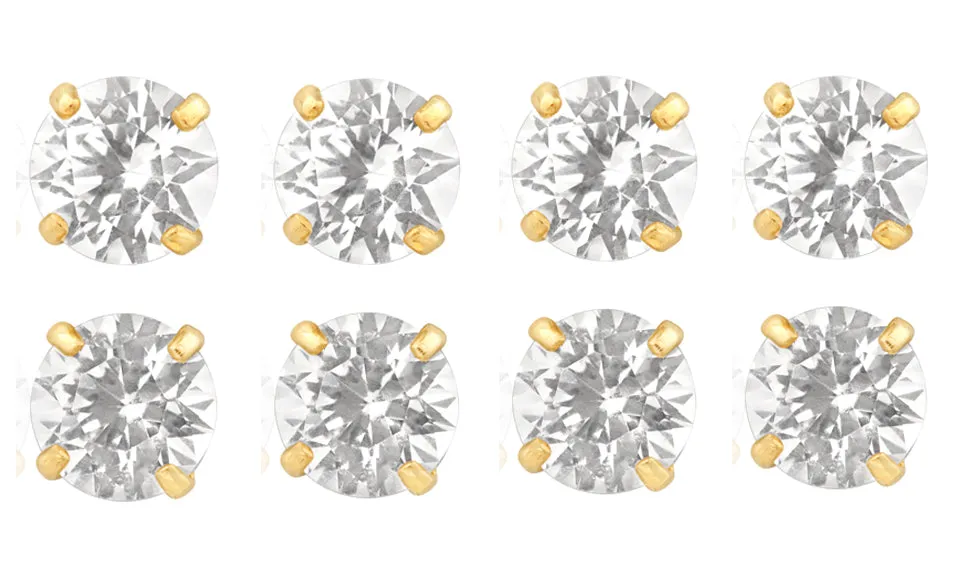 18k Yellow Gold Plated 6mm 2Ct Round White Sapphire Set Of Four Stud Earrings
