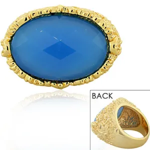 18K Yellow Gold Plated Bronze Blue Faceted Gemstone Large Statement Cocktail Ring