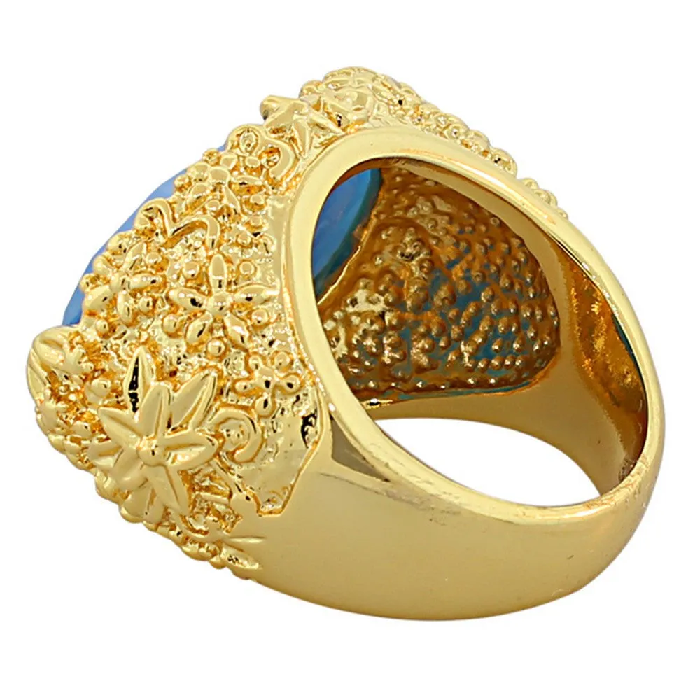 18K Yellow Gold Plated Bronze Blue Faceted Gemstone Large Statement Cocktail Ring