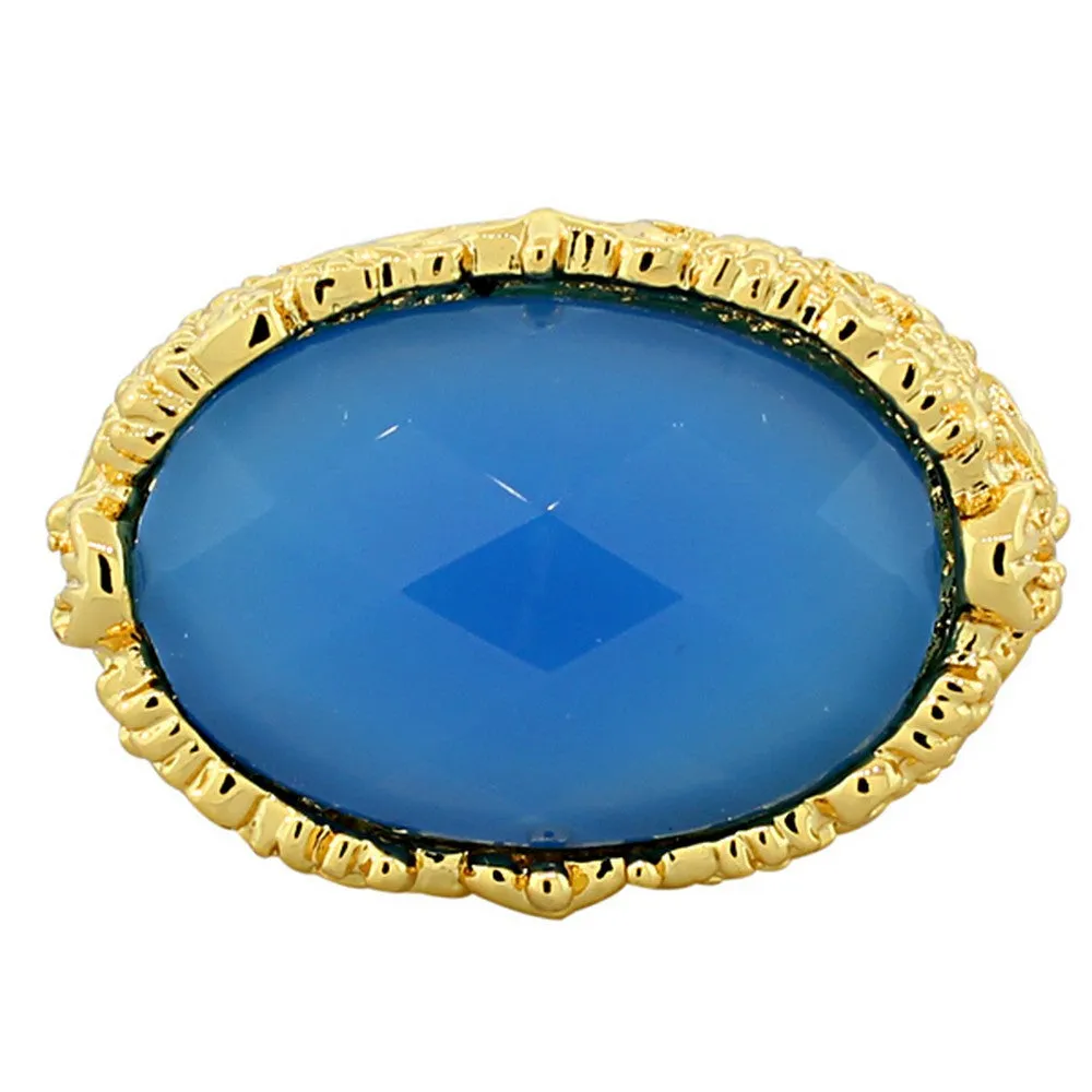 18K Yellow Gold Plated Bronze Blue Faceted Gemstone Large Statement Cocktail Ring