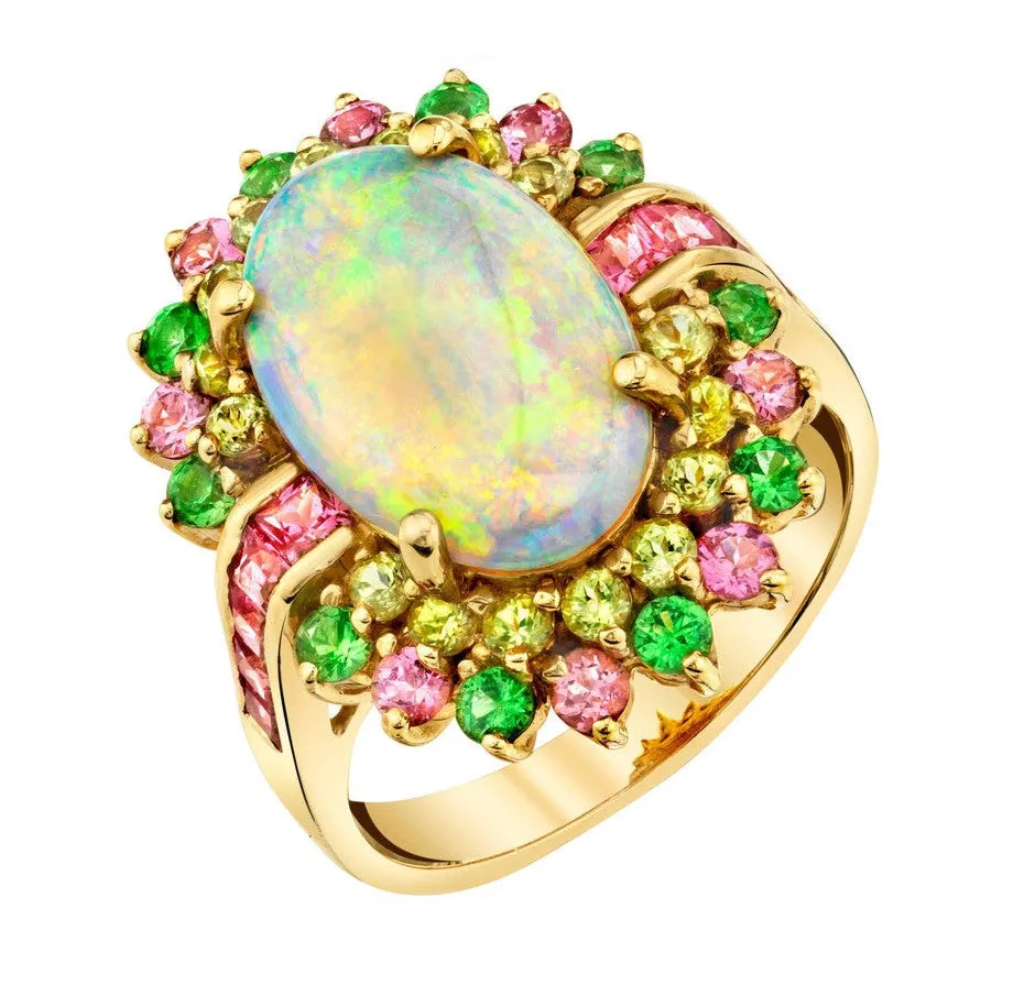 4.14 ct. Crystal Opal, Peridot, Pink Spinel, Tsavorite 14k Gold Cocktail Ring