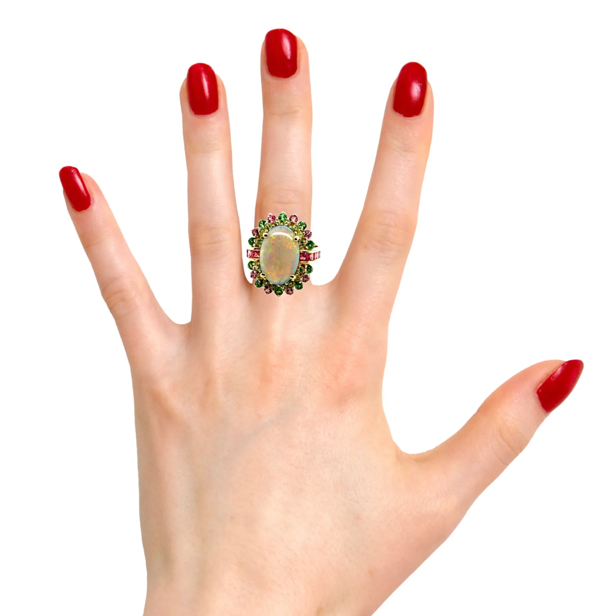 4.14 ct. Crystal Opal, Peridot, Pink Spinel, Tsavorite 14k Gold Cocktail Ring