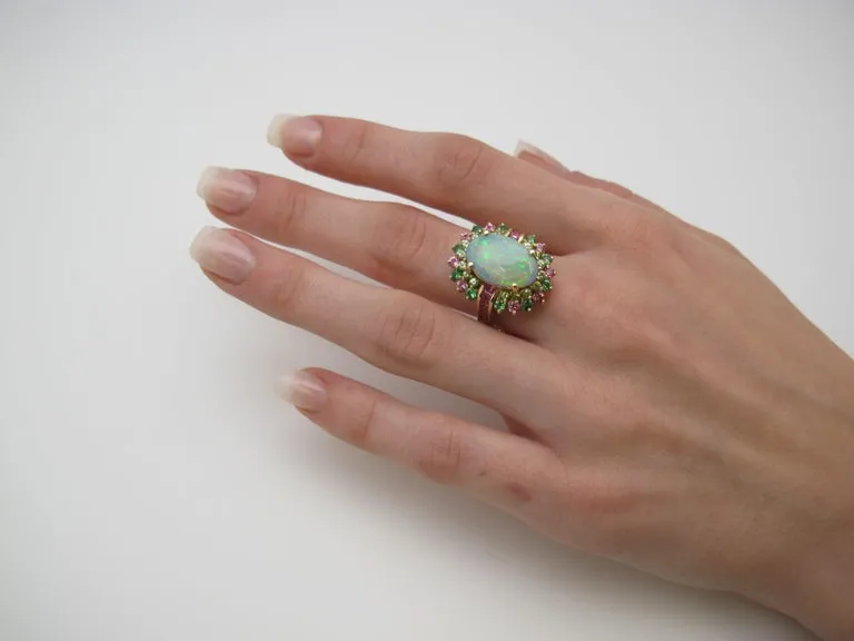 4.14 ct. Crystal Opal, Peridot, Pink Spinel, Tsavorite 14k Gold Cocktail Ring