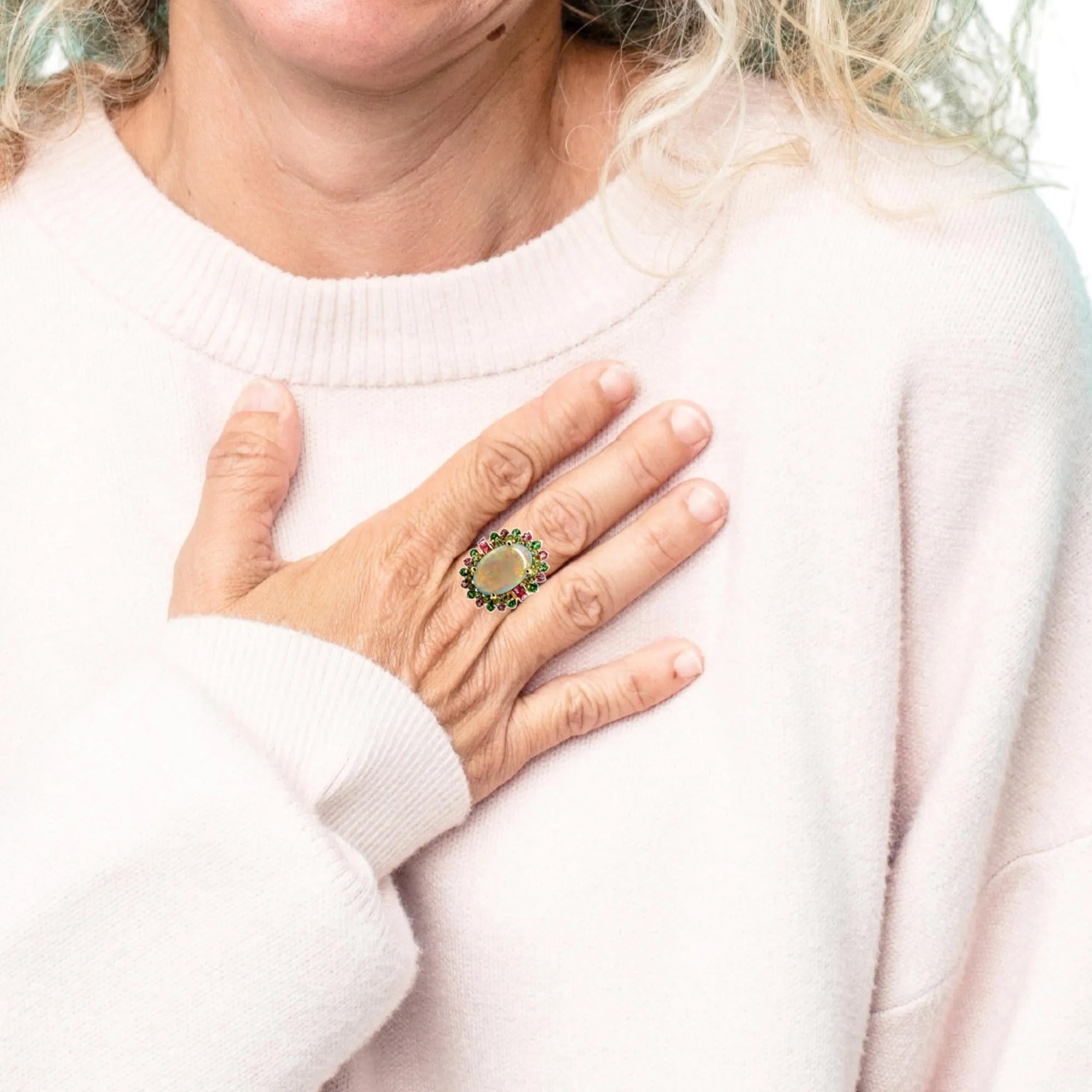 4.14 ct. Crystal Opal, Peridot, Pink Spinel, Tsavorite 14k Gold Cocktail Ring