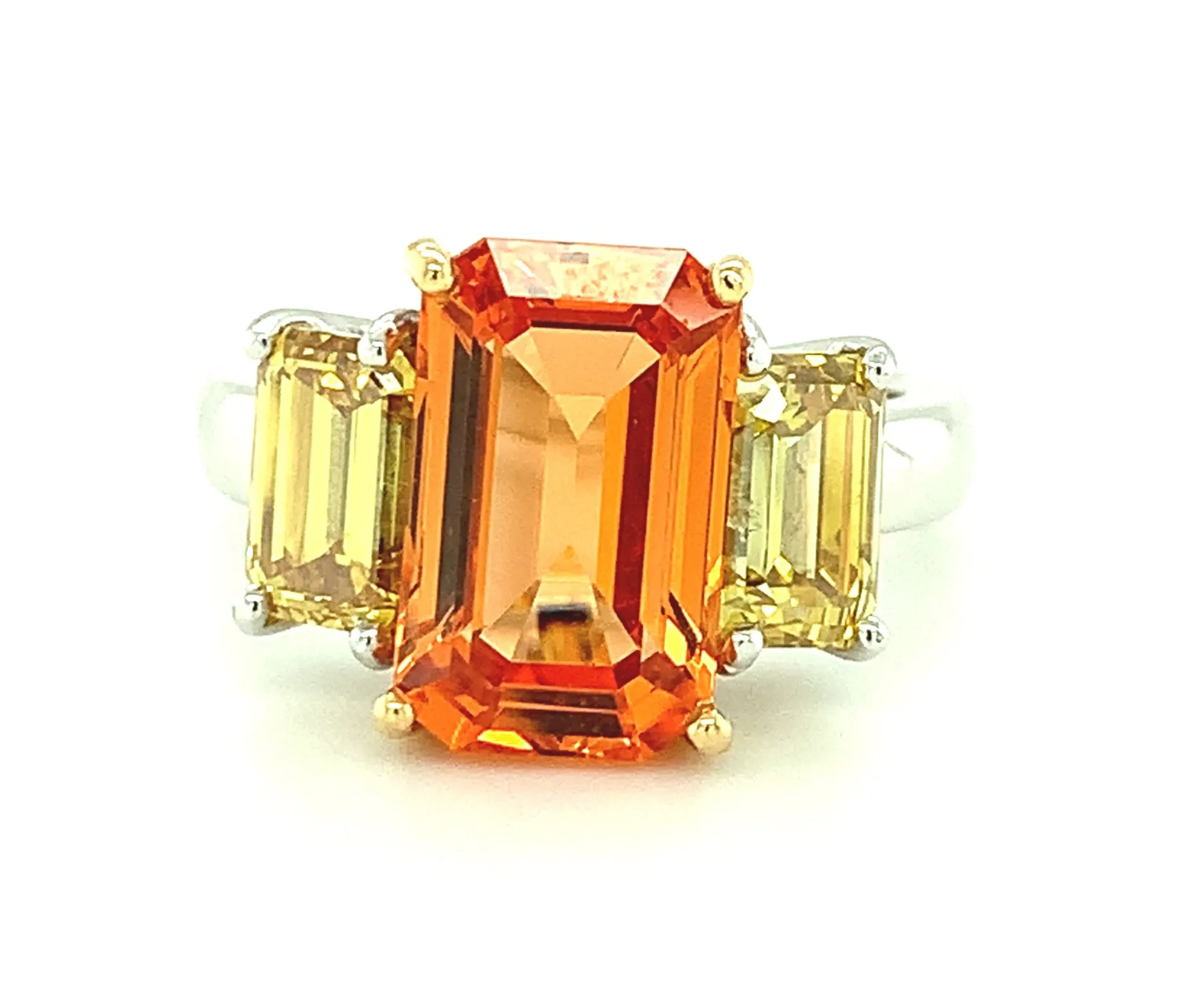 5.27 Carat Spessartite Garnet, Yellow Diamond, White Gold 3-Stone Ring