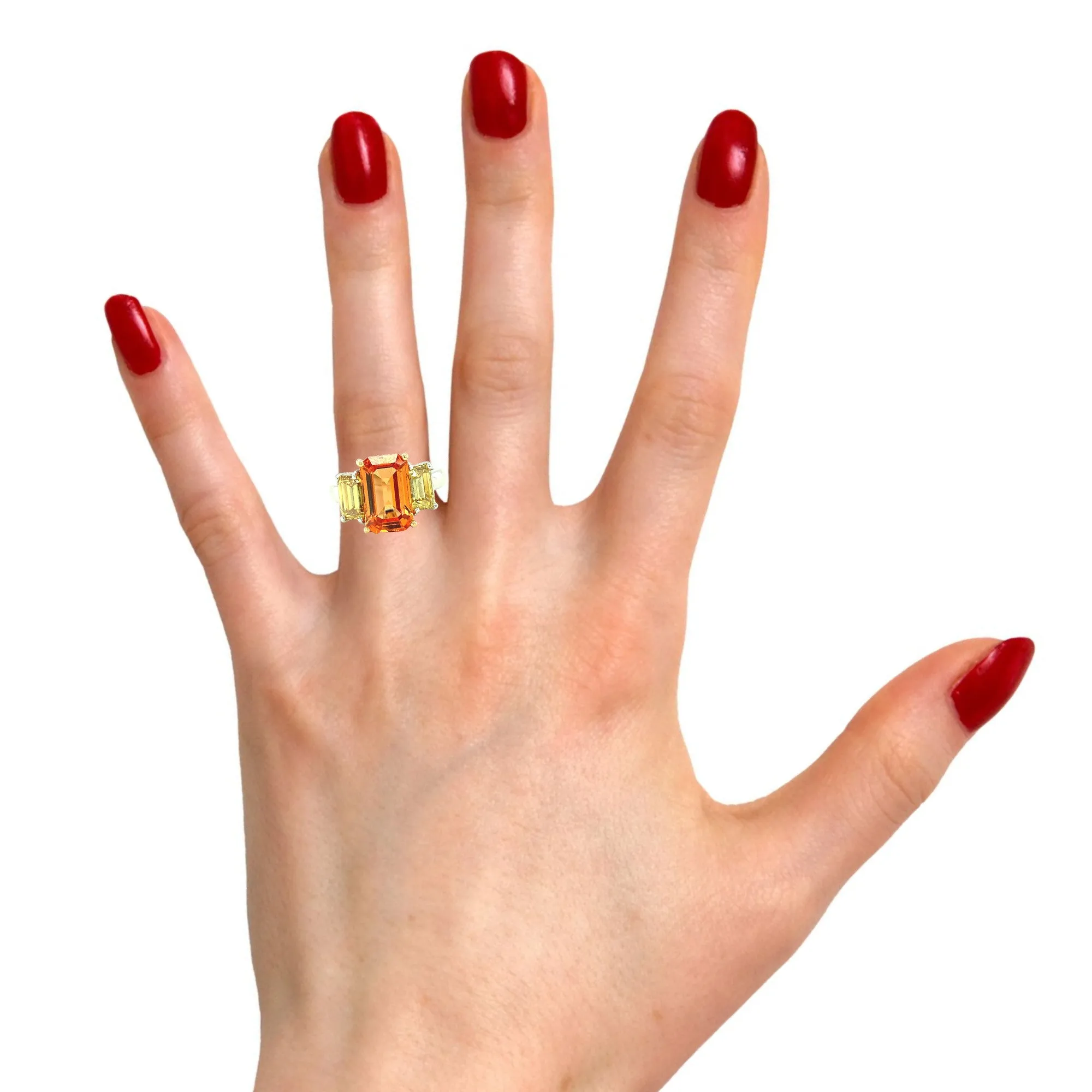 5.27 Carat Spessartite Garnet, Yellow Diamond, White Gold 3-Stone Ring