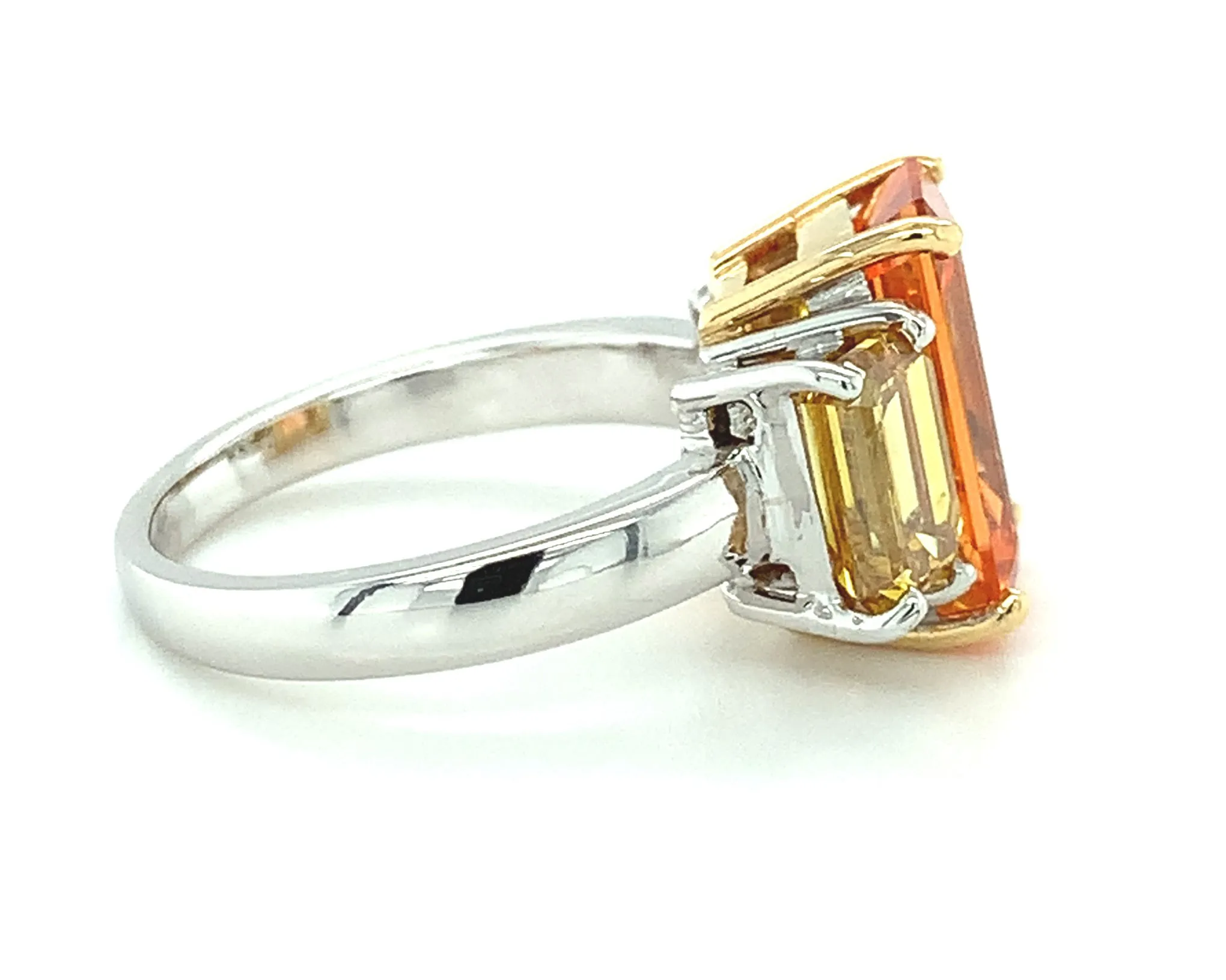 5.27 Carat Spessartite Garnet, Yellow Diamond, White Gold 3-Stone Ring