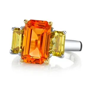 5.27 Carat Spessartite Garnet, Yellow Diamond, White Gold 3-Stone Ring