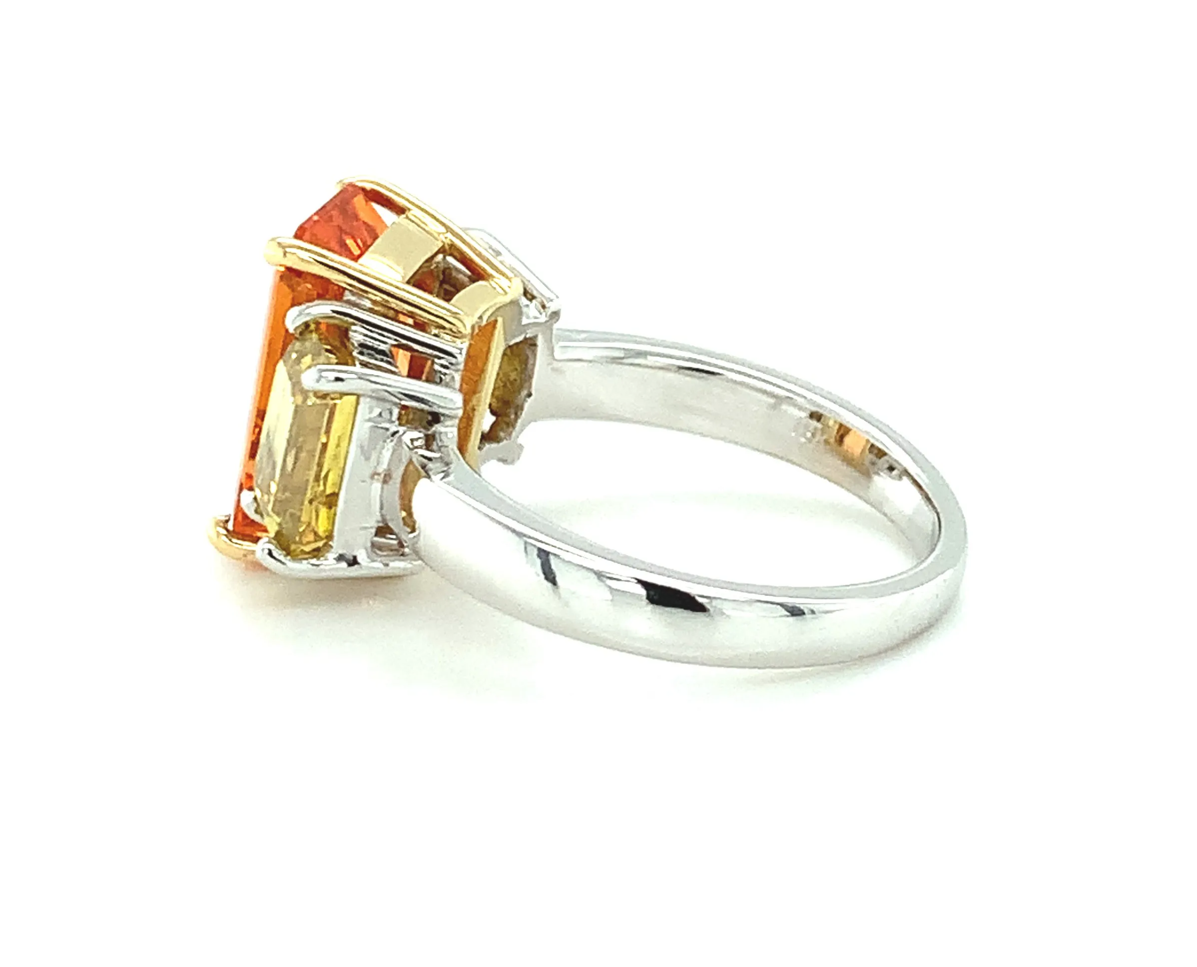 5.27 Carat Spessartite Garnet, Yellow Diamond, White Gold 3-Stone Ring