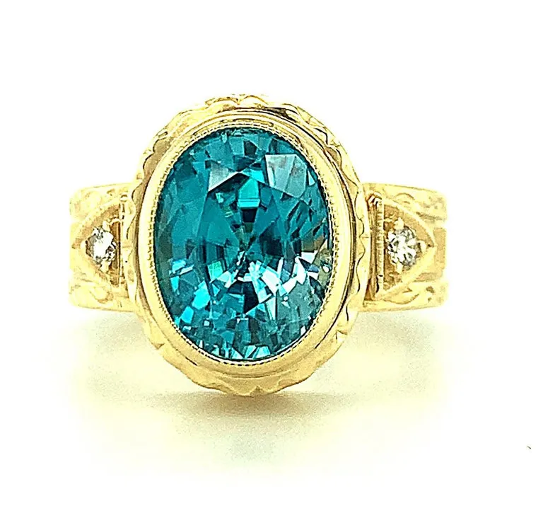 5.34 Carat Blue Zircon and Diamond Hand Engraved Ring in 18k Yellow Gold