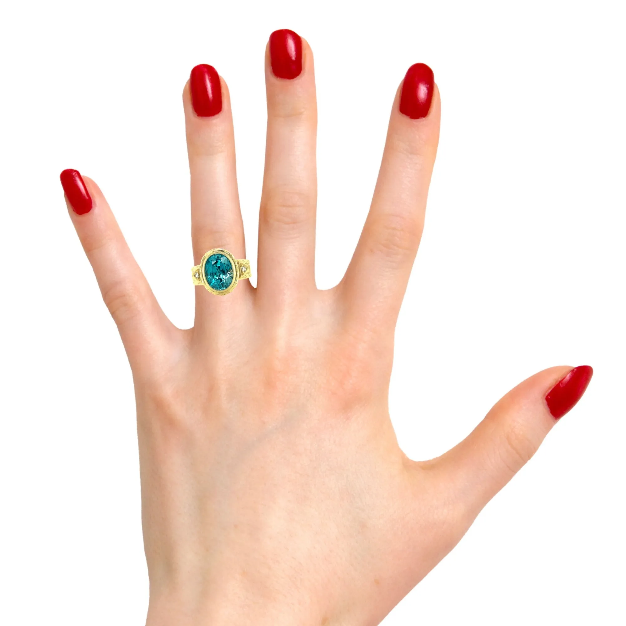 5.34 Carat Blue Zircon and Diamond Hand Engraved Ring in 18k Yellow Gold