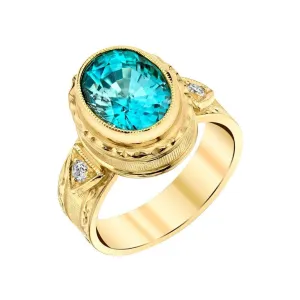 5.34 Carat Blue Zircon and Diamond Hand Engraved Ring in 18k Yellow Gold