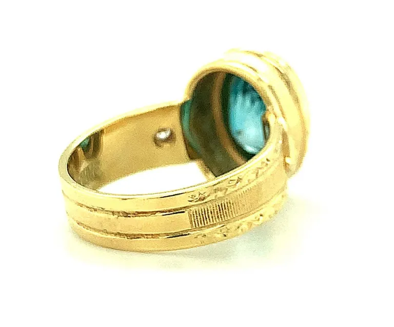 5.34 Carat Blue Zircon and Diamond Hand Engraved Ring in 18k Yellow Gold
