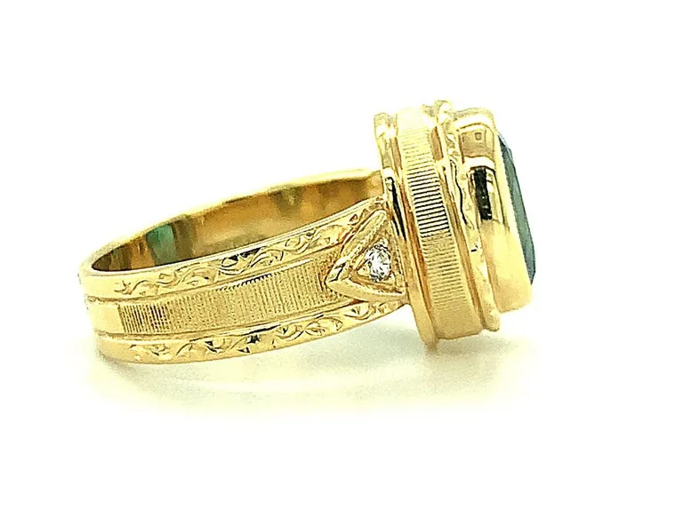 5.34 Carat Blue Zircon and Diamond Hand Engraved Ring in 18k Yellow Gold