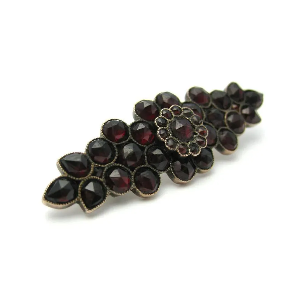 Antique Victorian Garnet Floral Gold Bar Brooch