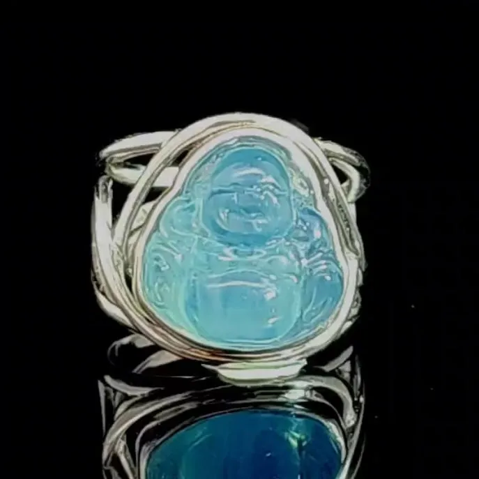 Aquamarine Buddha Finger Cuff Adjustable Ring .925 Silver for Peaceful Travels and Protection