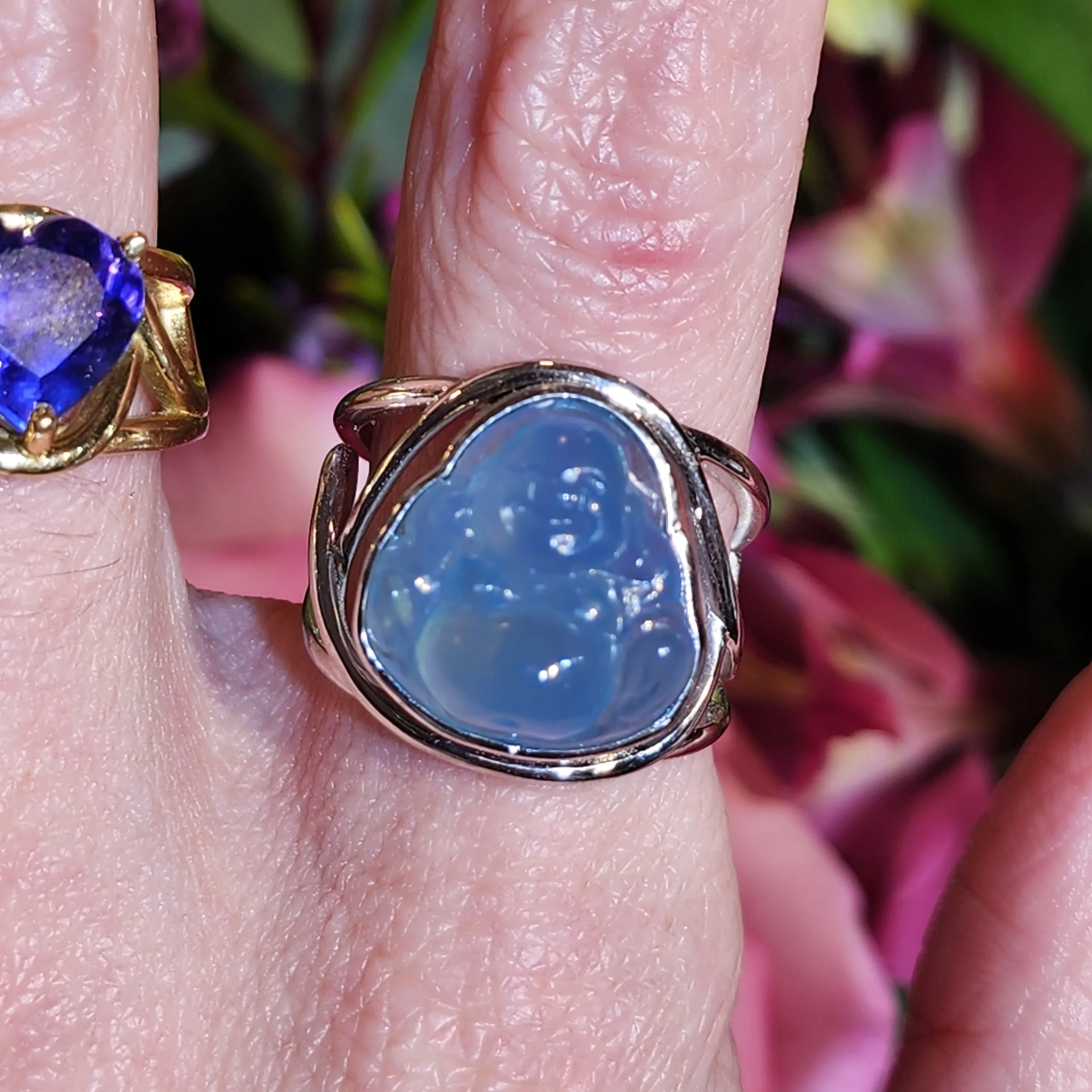 Aquamarine Buddha Finger Cuff Adjustable Ring .925 Silver for Peaceful Travels and Protection