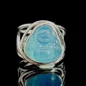 Aquamarine Buddha Finger Cuff Adjustable Ring .925 Silver for Peaceful Travels and Protection