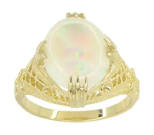 Art Deco White Opal Filigree Ring in 14 Karat Yellow Gold - October Birthstone