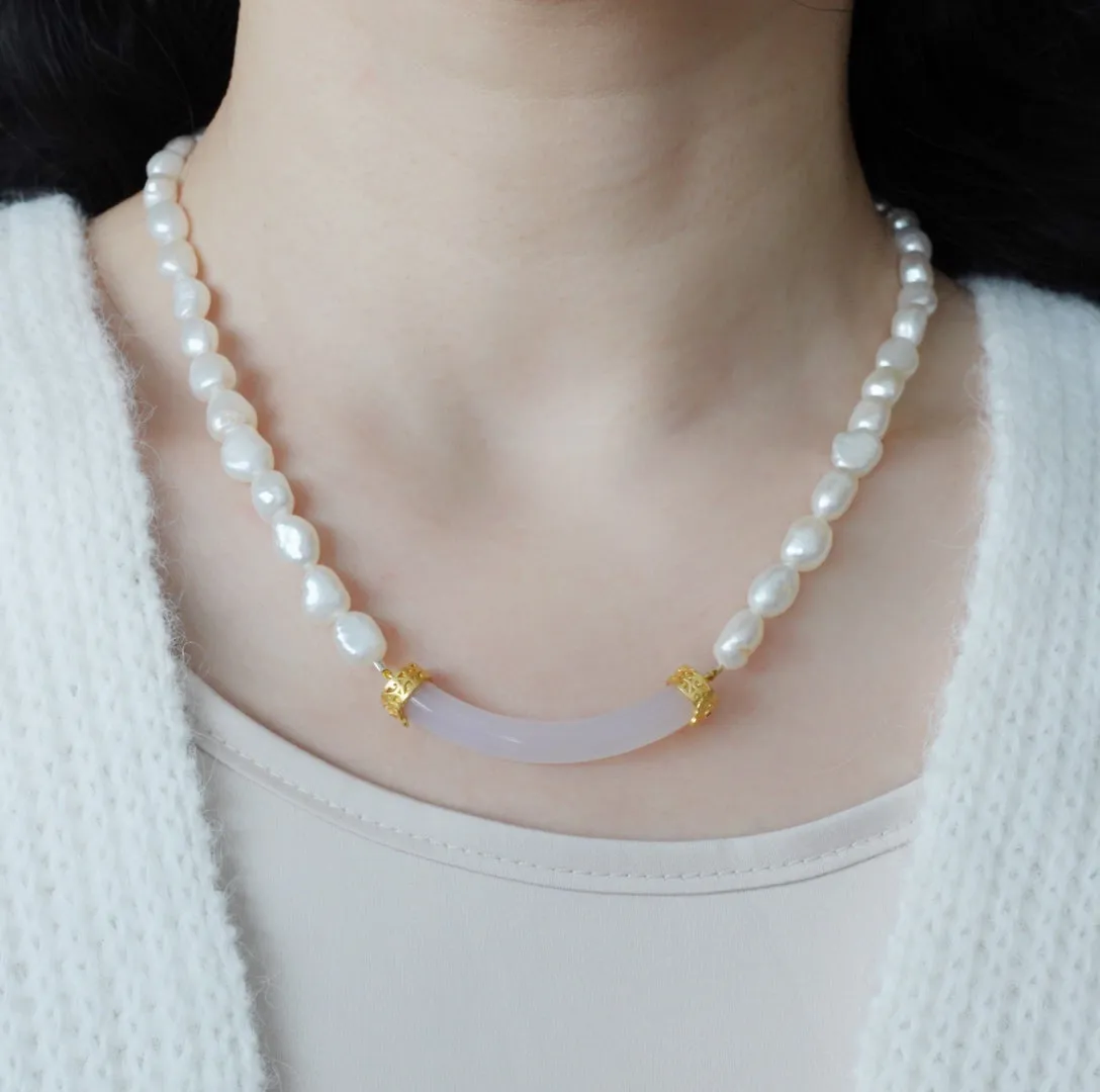 Baroque Pearl Crystal Curve Tube Necklace