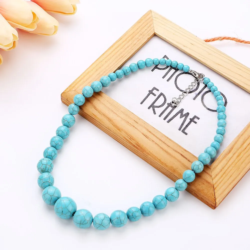 Blue Turquoise Necklace For Women Girls | Handmade 8-16mm Natural Turquoise Gemstone Beaded Necklace