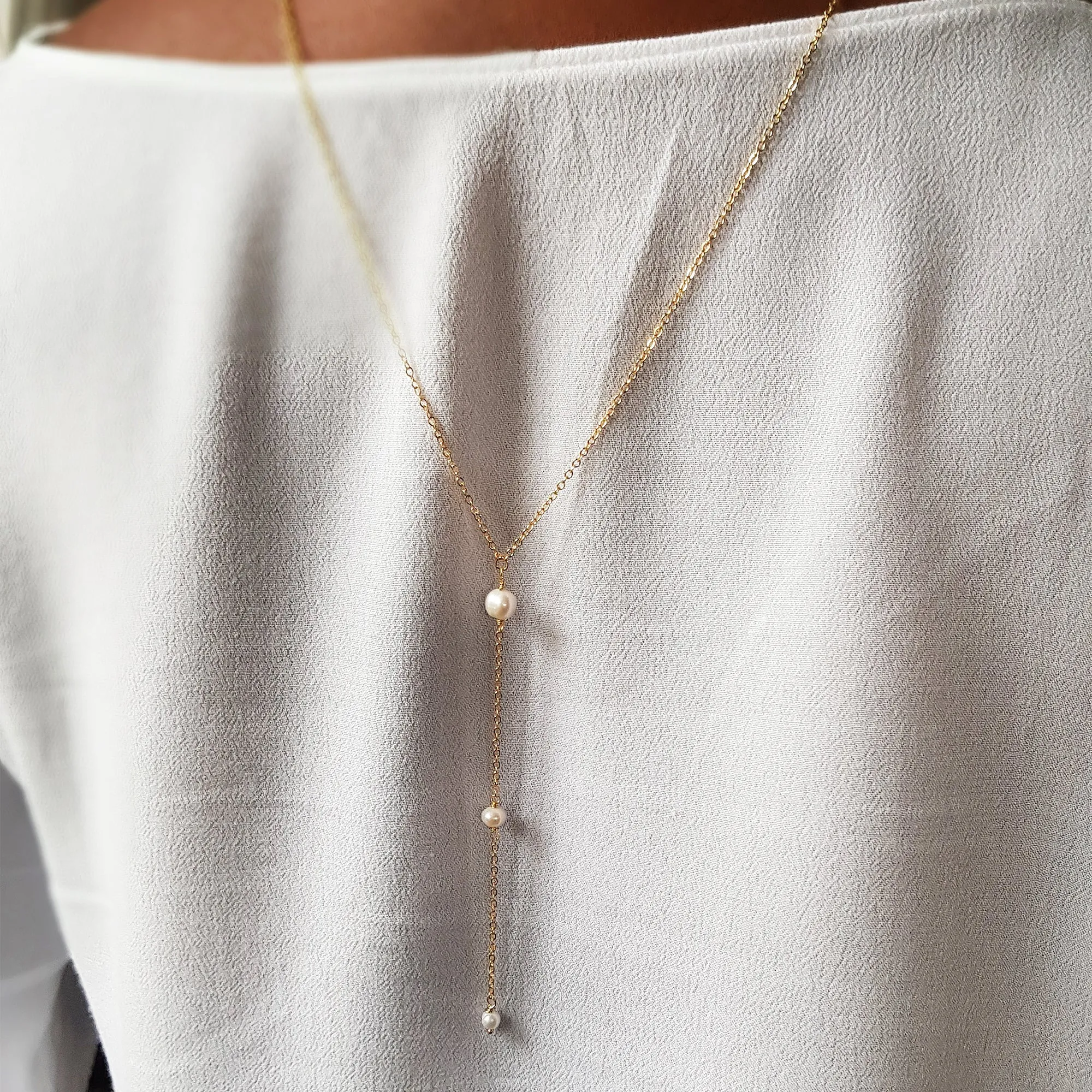 Cascading pearl backdrop necklace, real pearl back necklace for low back dress,