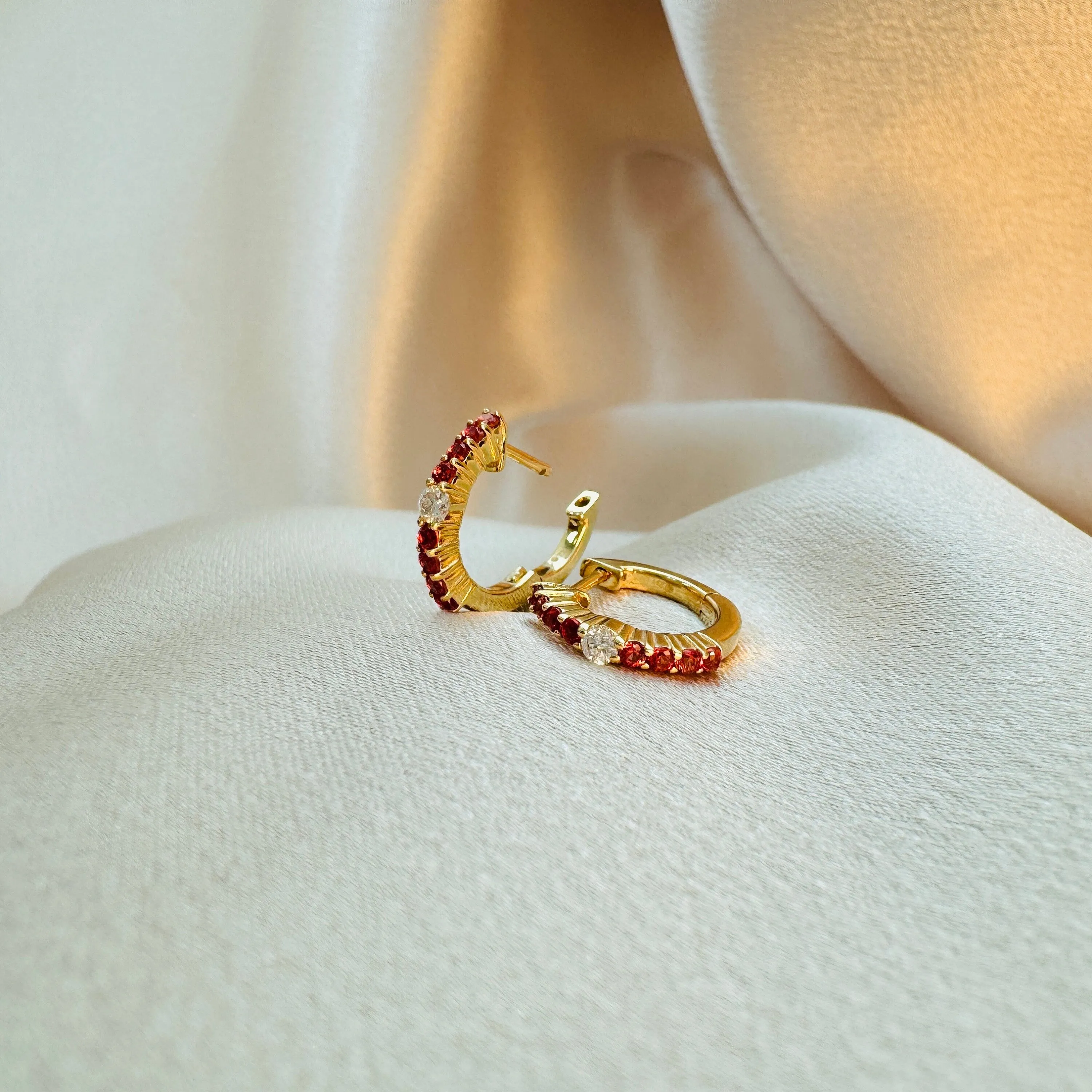 Diamond & Orange Sapphire Huggie Earrings 13mm