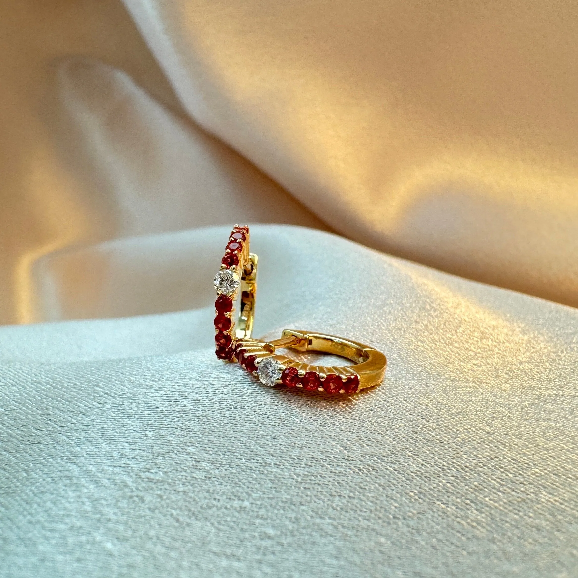 Diamond & Orange Sapphire Huggie Earrings 13mm