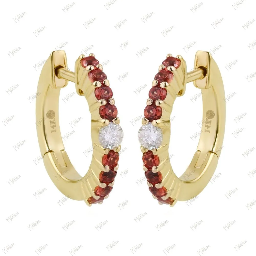 Diamond & Orange Sapphire Huggie Earrings 13mm