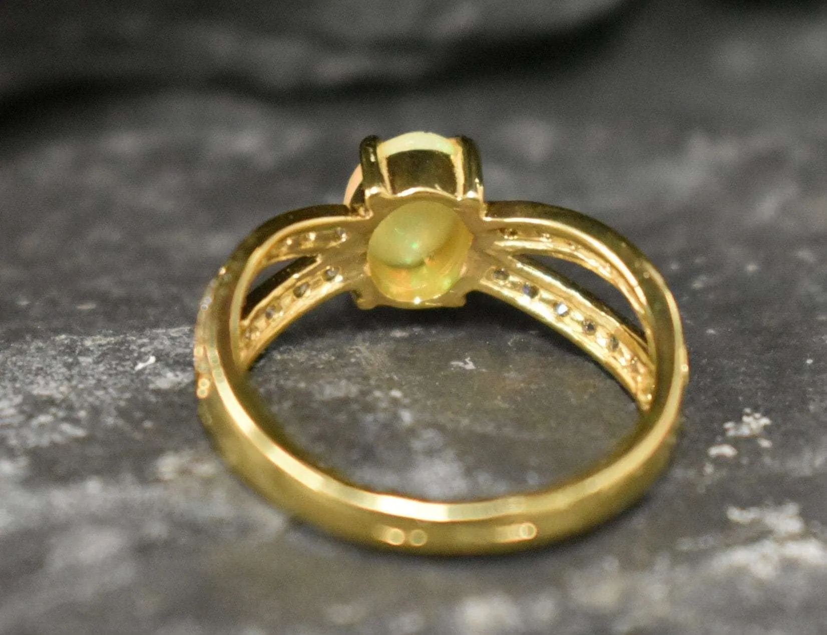 Gold Opal Vintage Ring - Split Pave Band - Natural Opal Ring