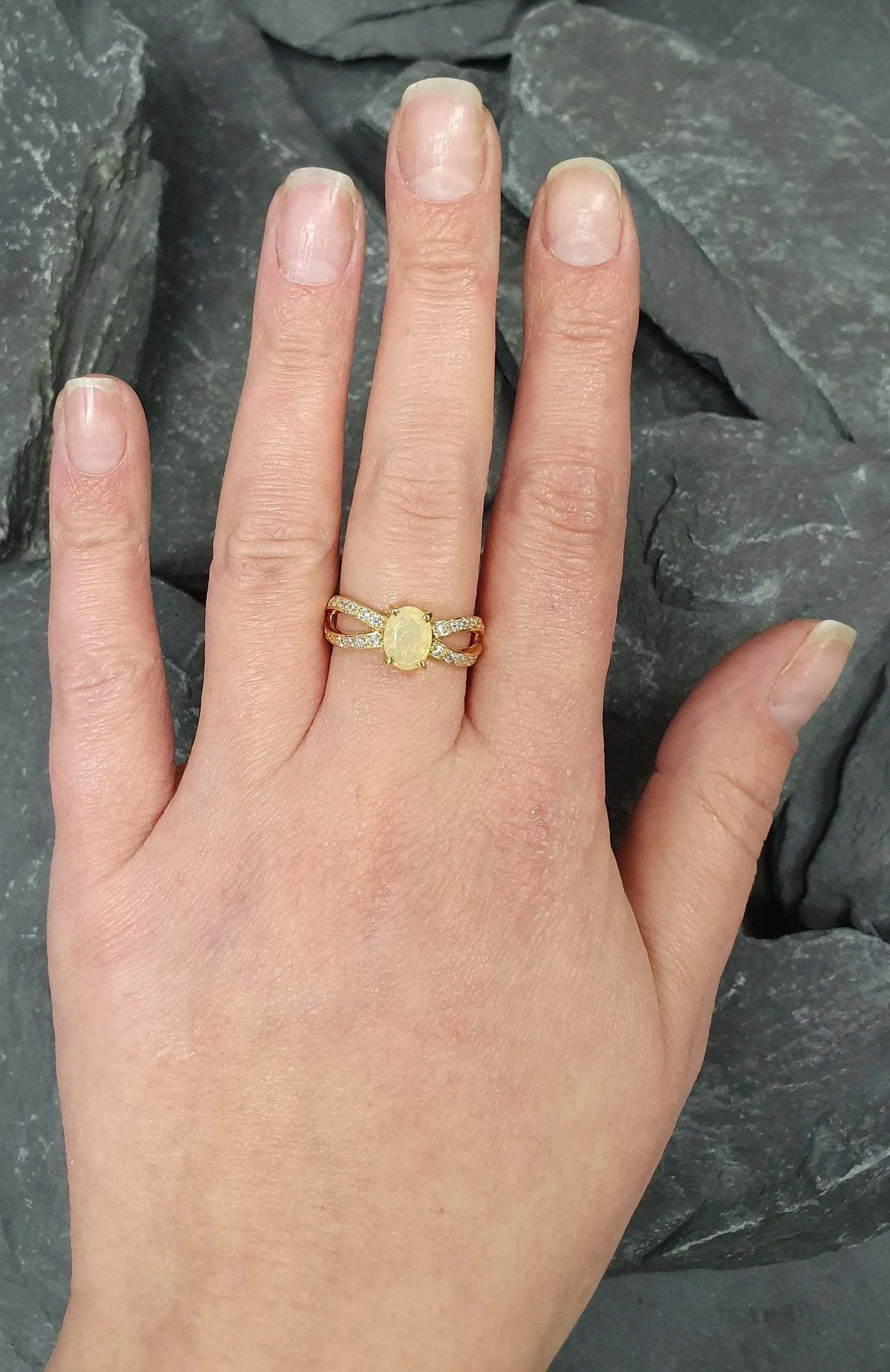 Gold Opal Vintage Ring - Split Pave Band - Natural Opal Ring