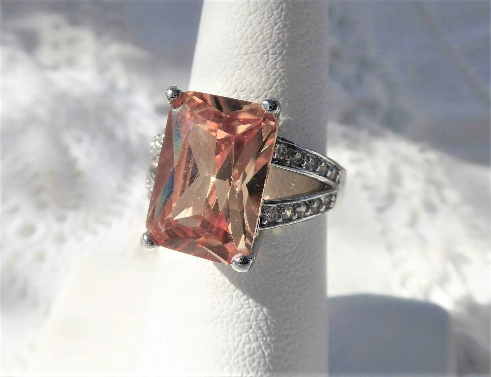 Gorgeous Peach Fancy Emerald Cut Faux Diamond Ring 1980s Sterling Silver