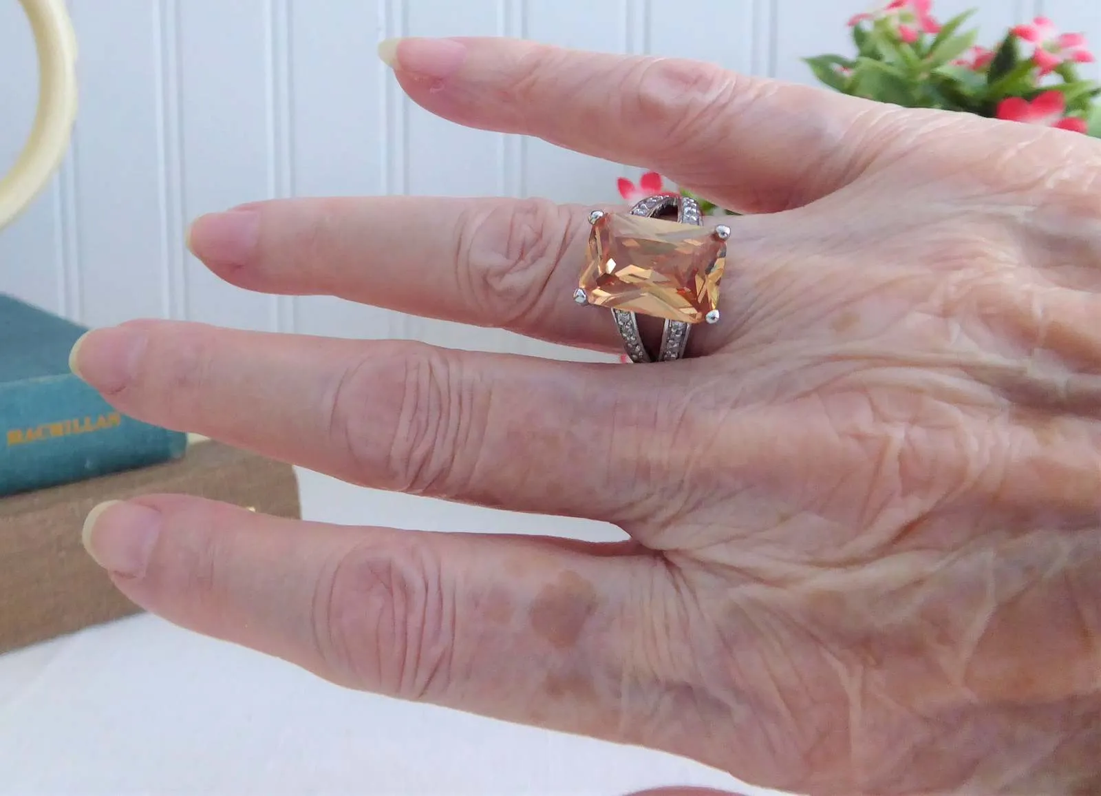 Gorgeous Peach Fancy Emerald Cut Faux Diamond Ring 1980s Sterling Silver