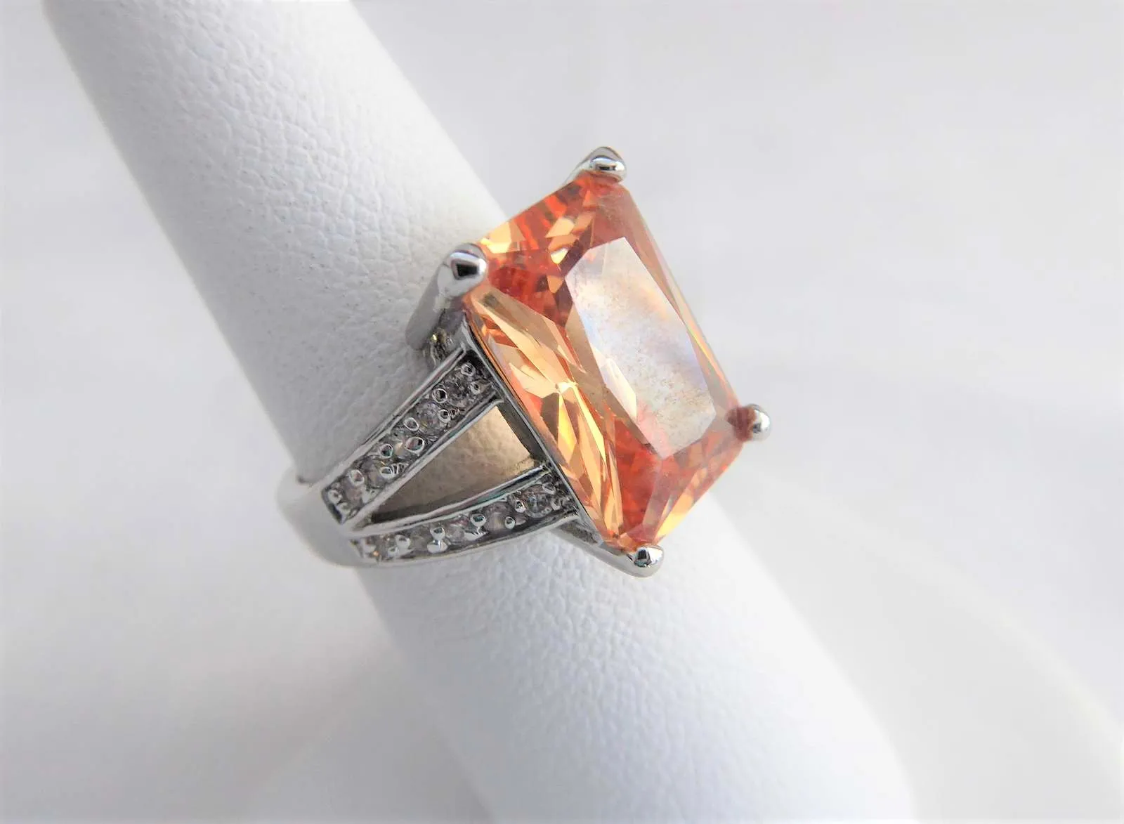 Gorgeous Peach Fancy Emerald Cut Faux Diamond Ring 1980s Sterling Silver