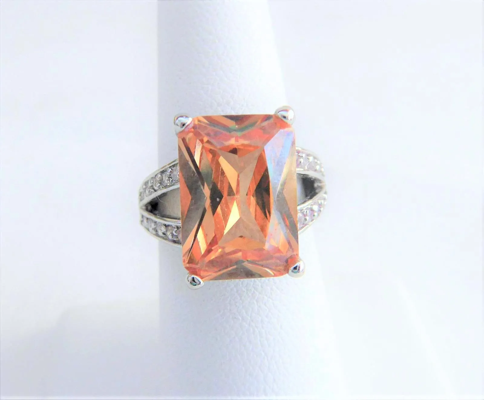 Gorgeous Peach Fancy Emerald Cut Faux Diamond Ring 1980s Sterling Silver