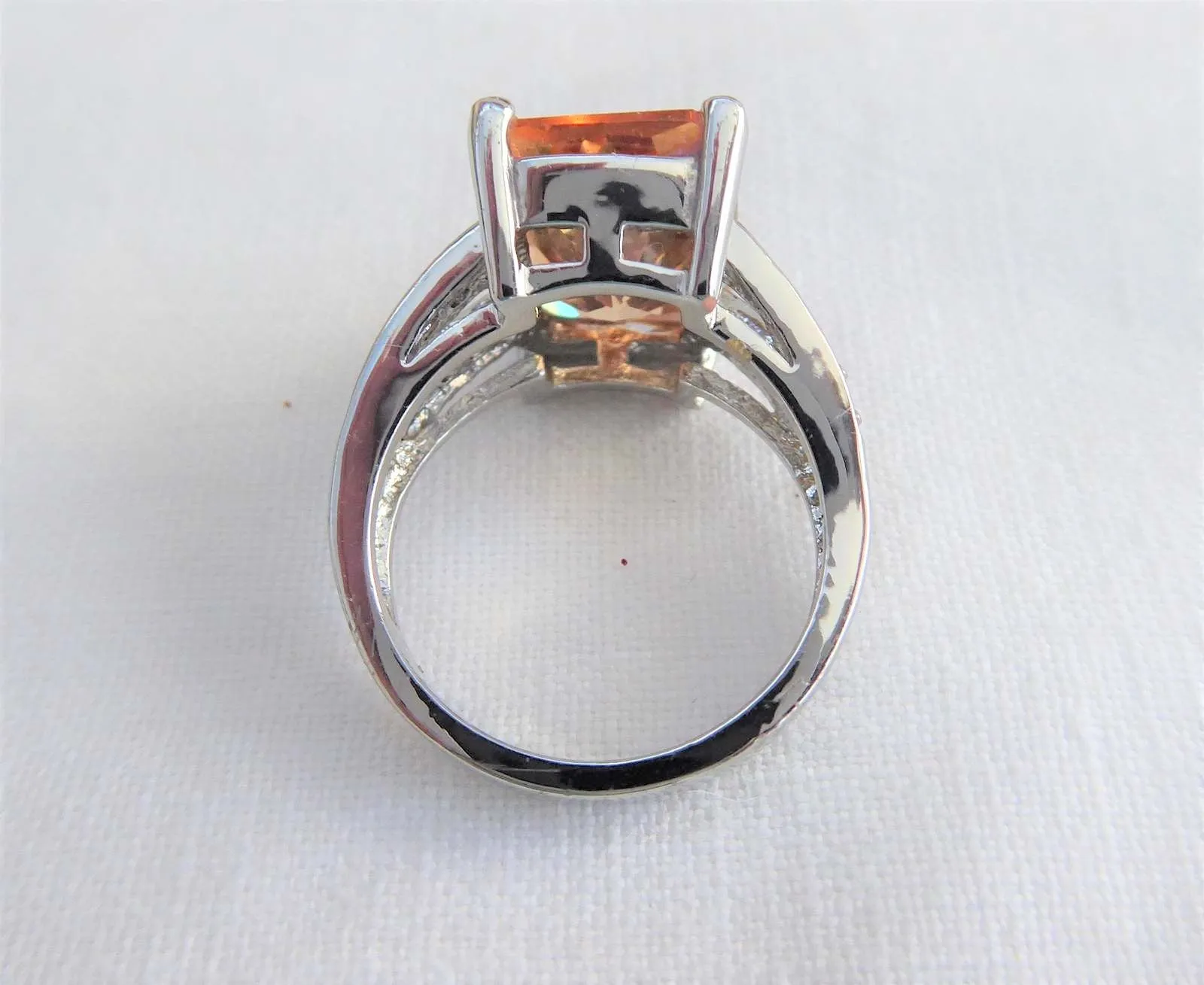 Gorgeous Peach Fancy Emerald Cut Faux Diamond Ring 1980s Sterling Silver
