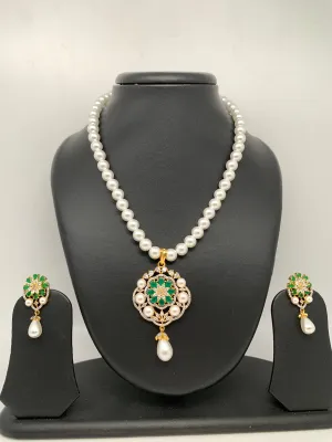 Green Stone AD Floral Pendent with Shell Pearl Necklace