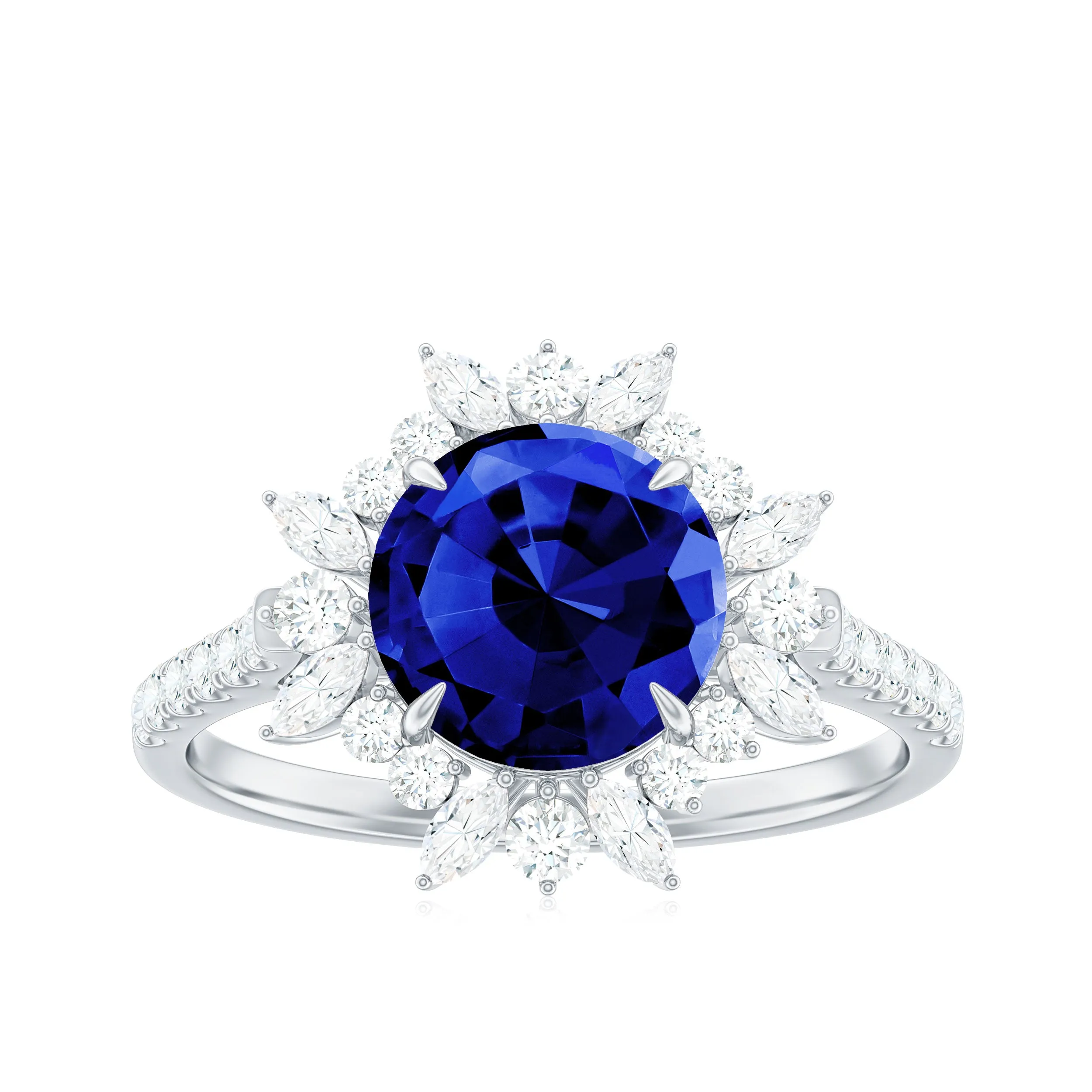 Lab-Created Blue Sapphire Cocktail Ring with Diamond Floral Halo
