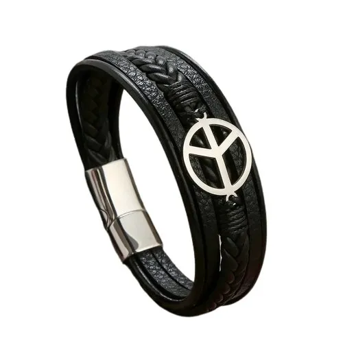 Marshal Peace Sign Mens Leather Bracelet with Clasp Cowhide Multi-Layer Braided Leather Mens Bracelet