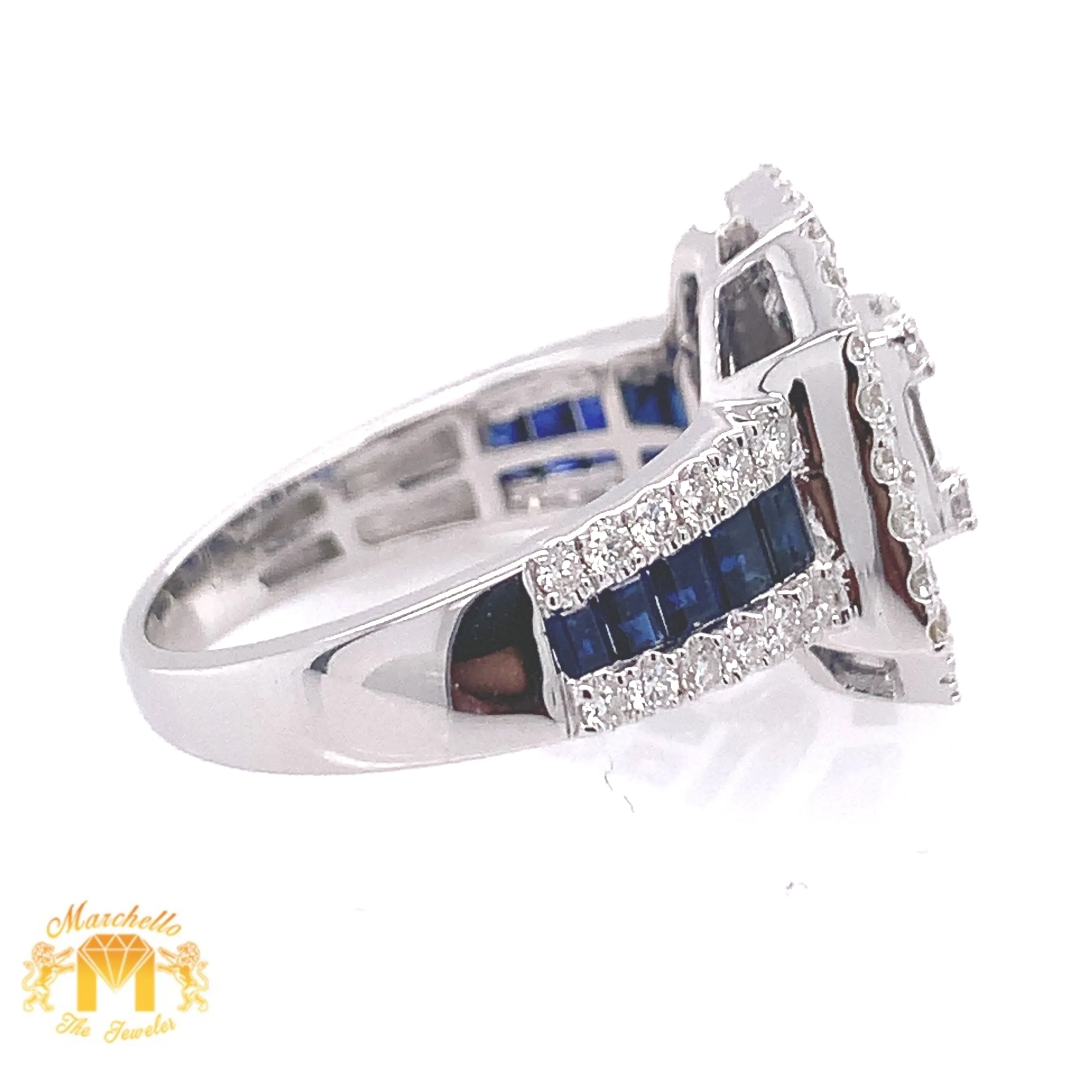 Natural Sapphire 14k White Gold Love Ring with Baguette Diamond