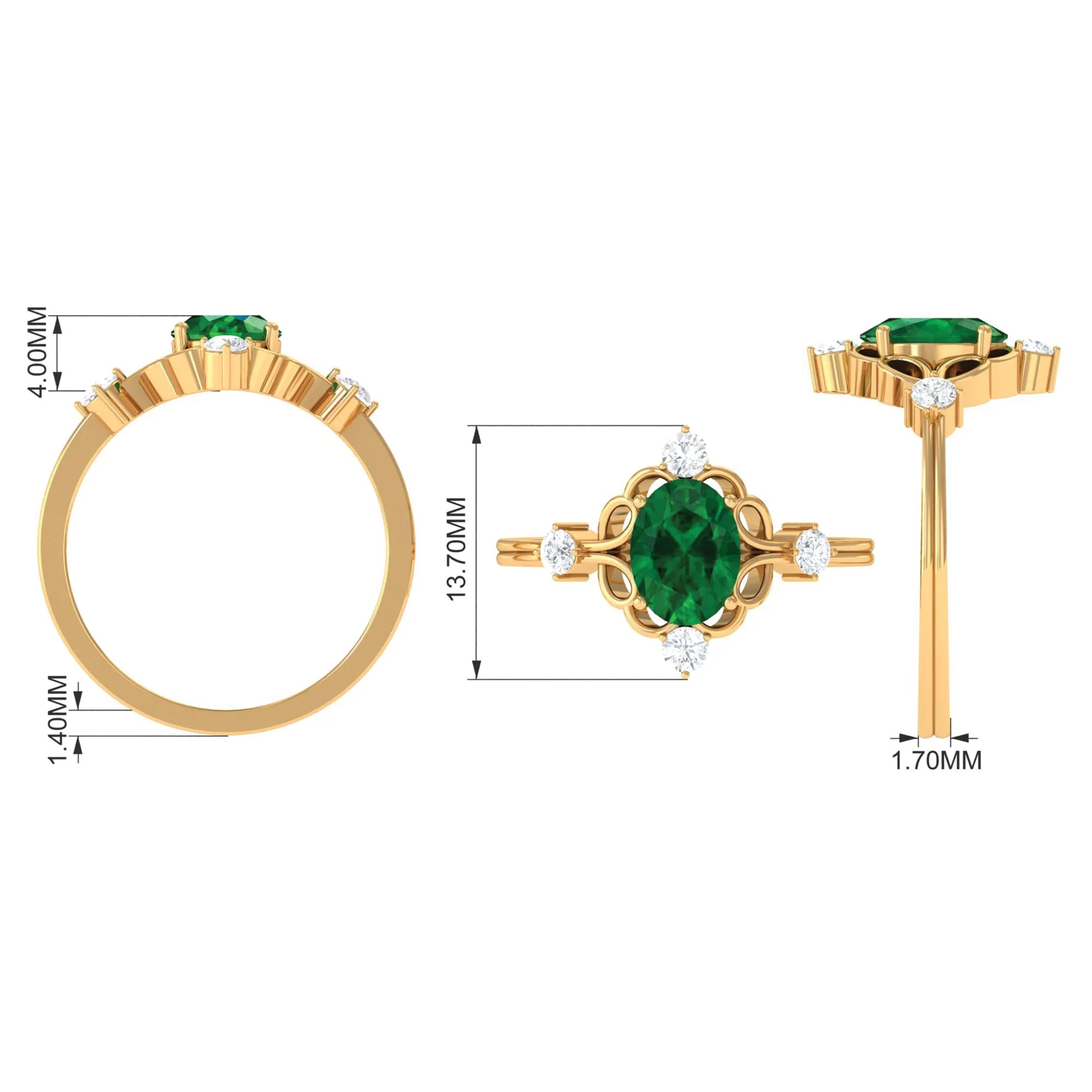 Oval Cut Solitaire Created Emerald Engagement Ring with Diamond
