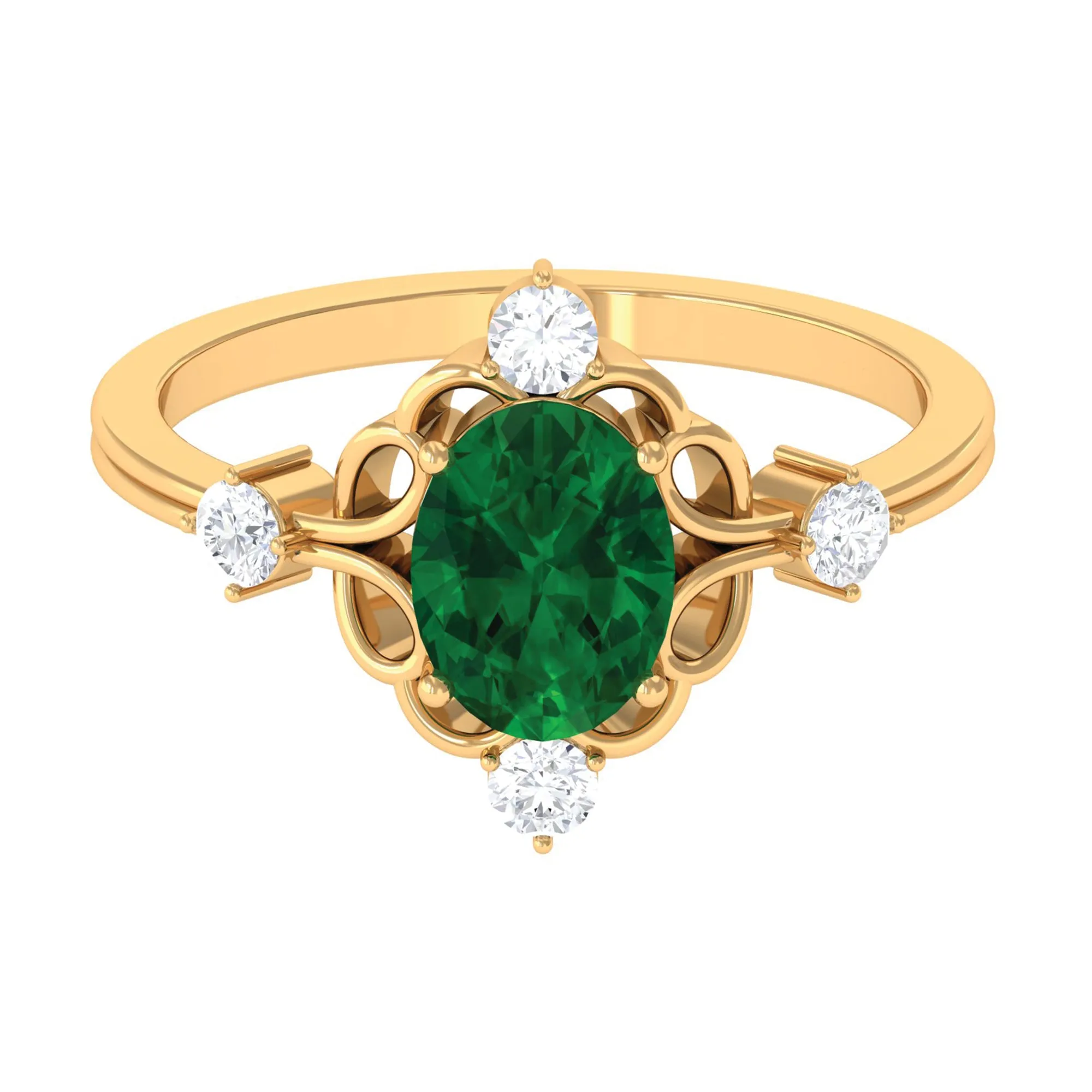 Oval Cut Solitaire Created Emerald Engagement Ring with Diamond
