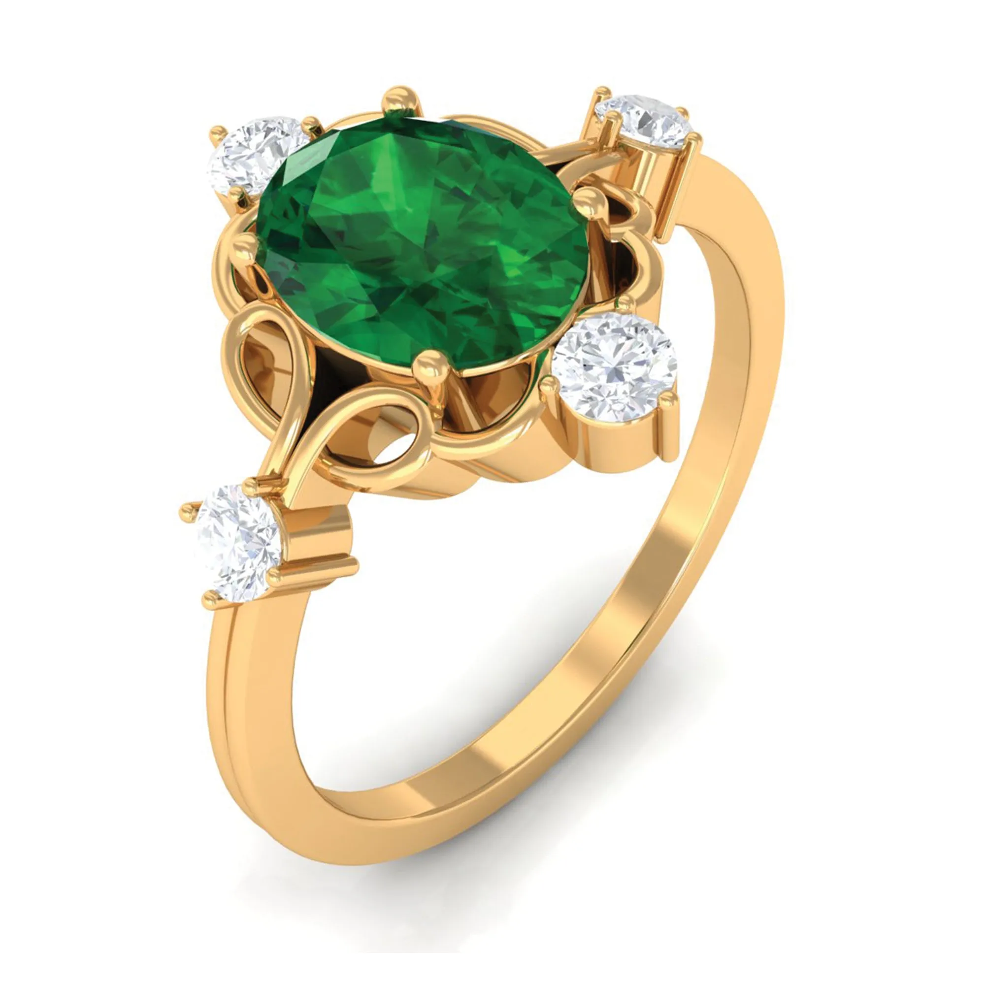 Oval Cut Solitaire Created Emerald Engagement Ring with Diamond