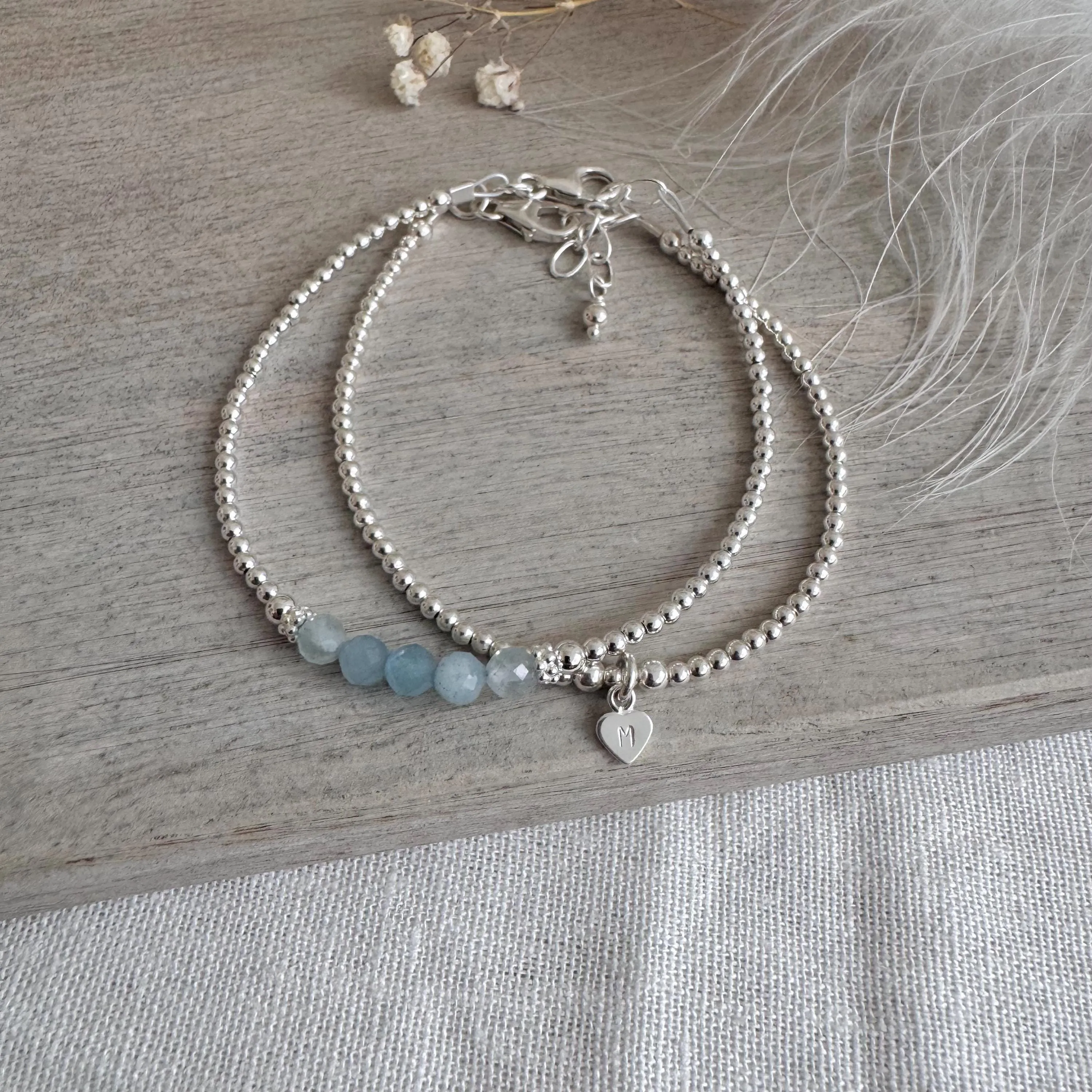 Personalised Aquamarine Bracelet Set, March Birthstone Jewellery