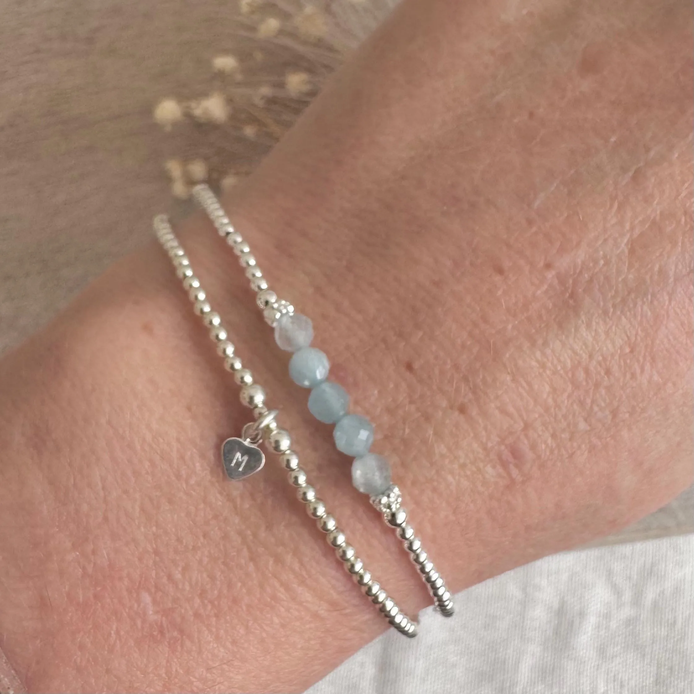 Personalised Aquamarine Bracelet Set, March Birthstone Jewellery