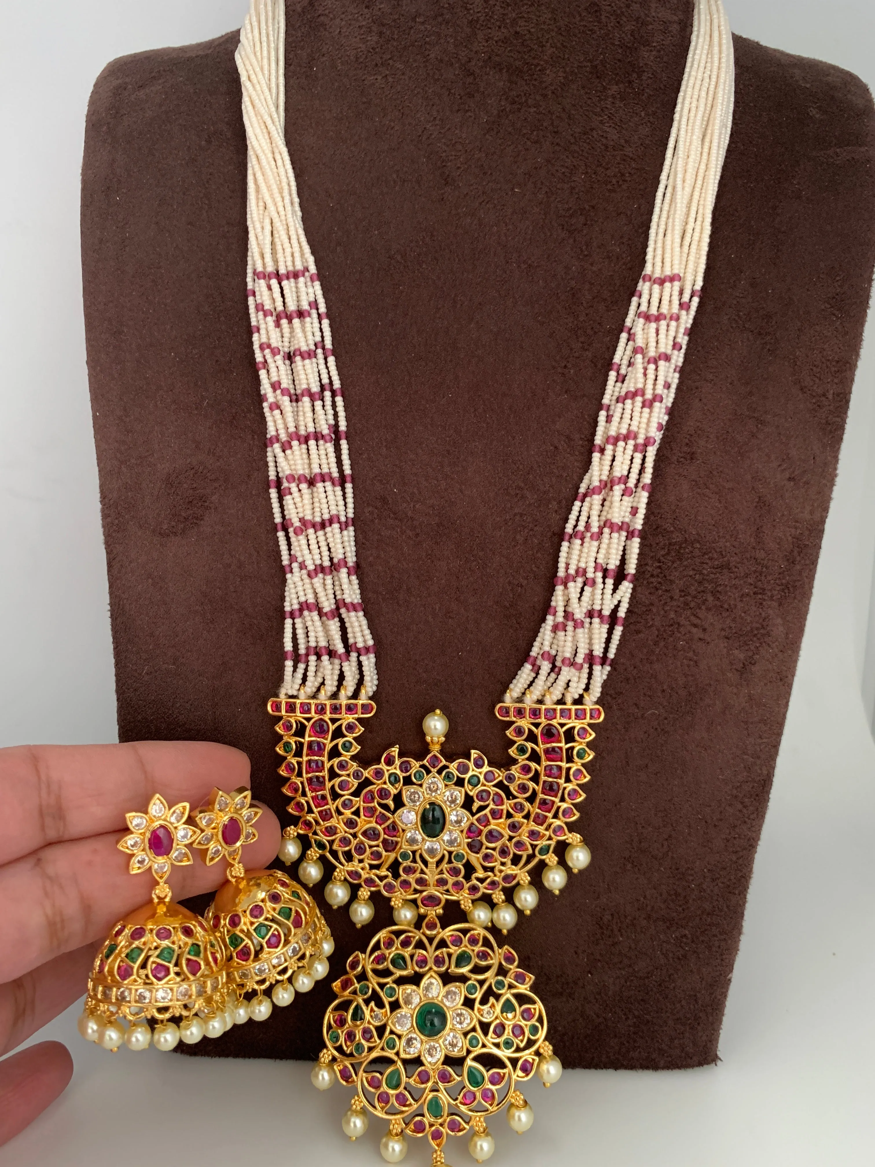 Pink Beads Micro Pearl Beads Red Green Stone CZ Pendent Long Necklace