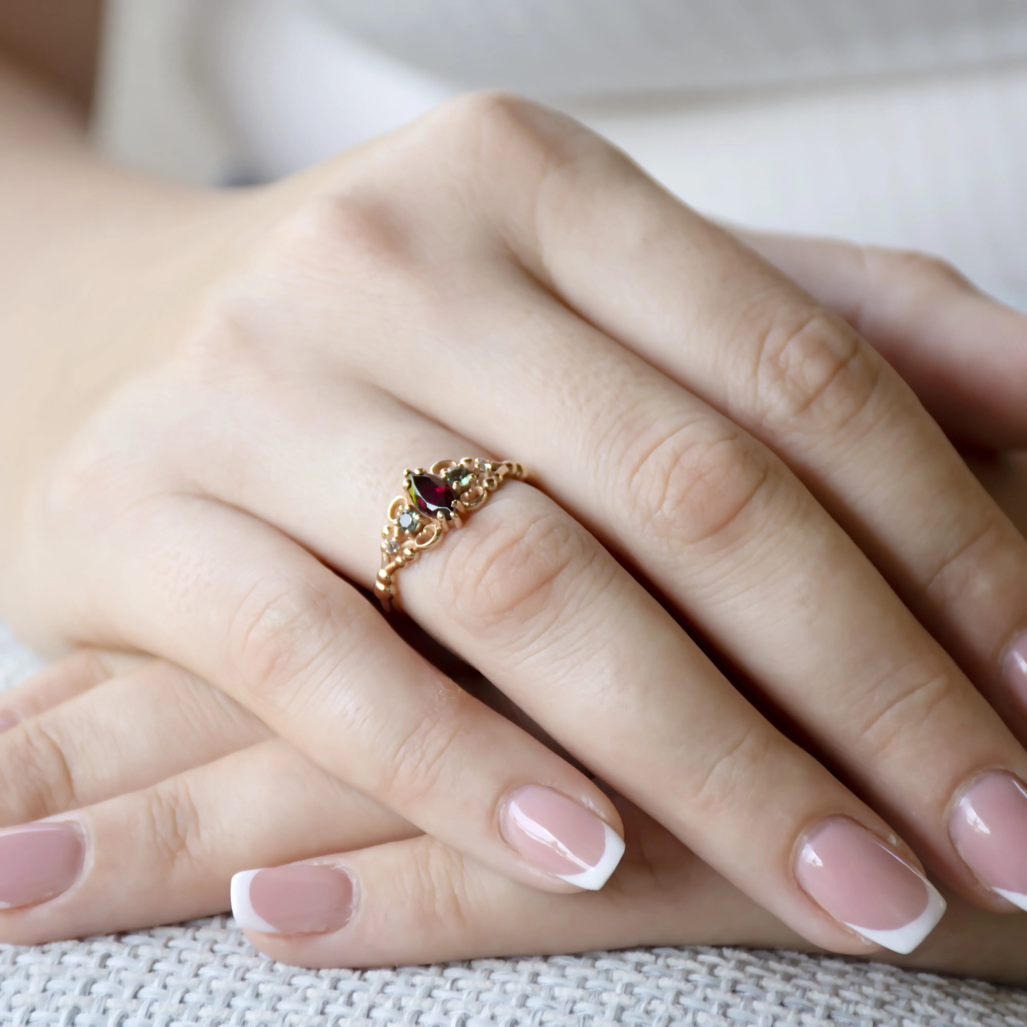 RG1912-1 Vintage Inspired Garnet, Spinel, And Topaz Cocktail Ring In Gold, Vintage Ring