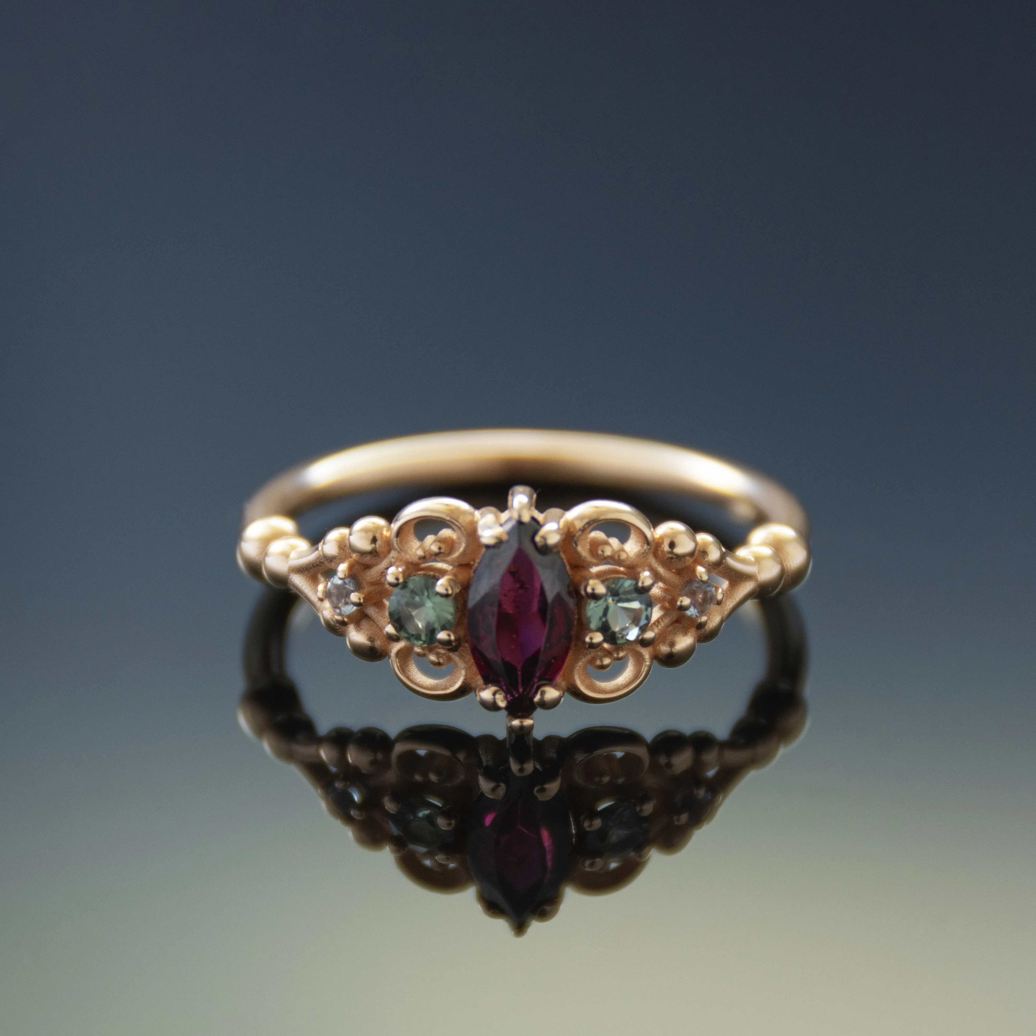 RG1912-1 Vintage Inspired Garnet, Spinel, And Topaz Cocktail Ring In Gold, Vintage Ring